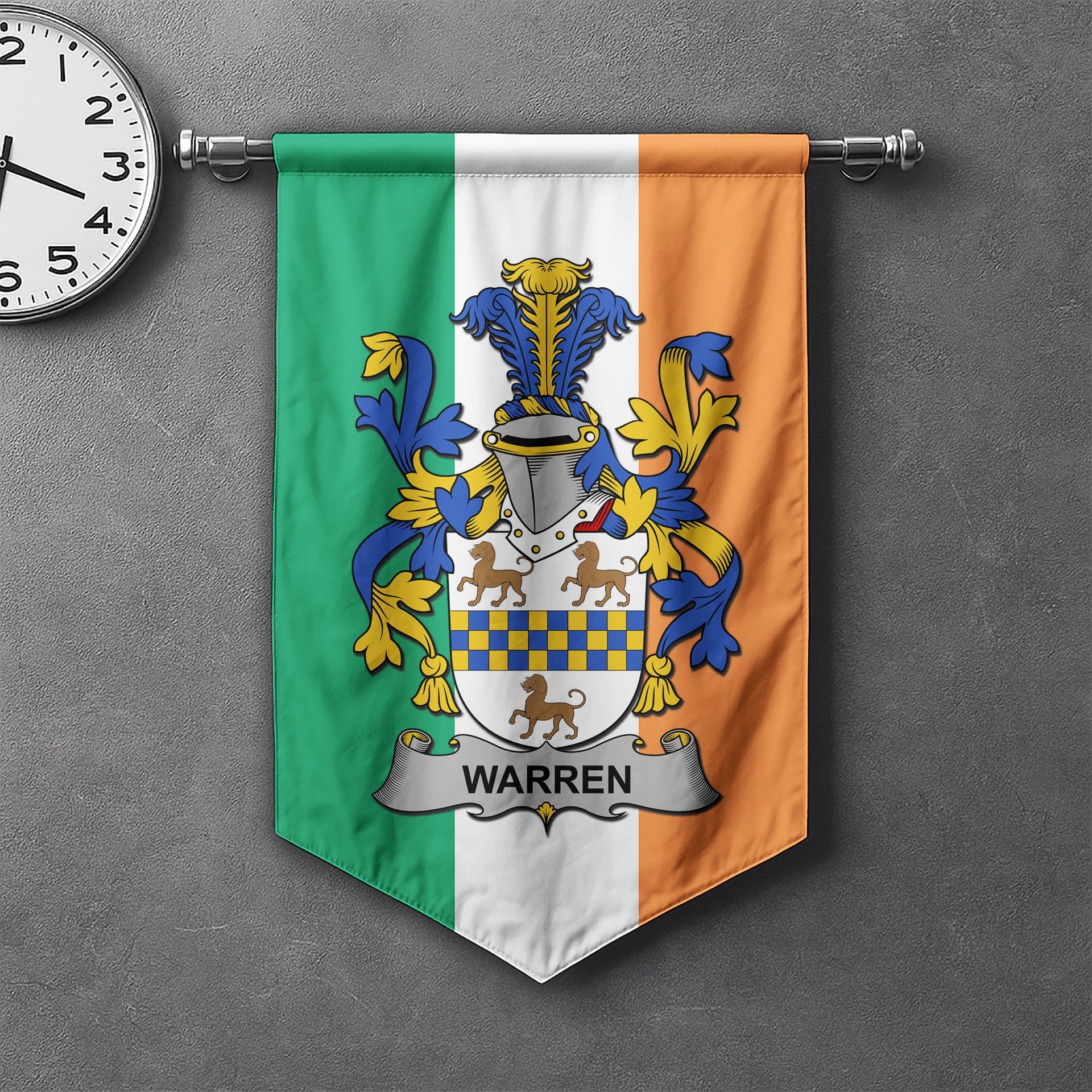 ScotsTee Shop Irish Warren Clan Coat of Arms Irish Tartan Gonfalon Flag