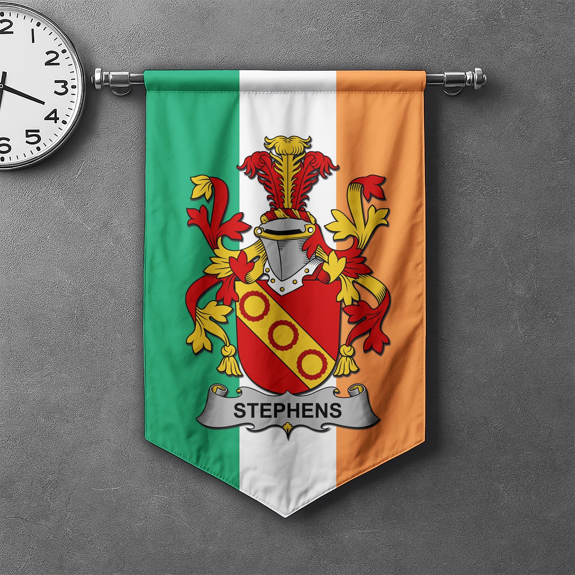 ScotsTee Shop Irish Stephens Clan Coat of Arms Irish Tartan Gonfalon Flag