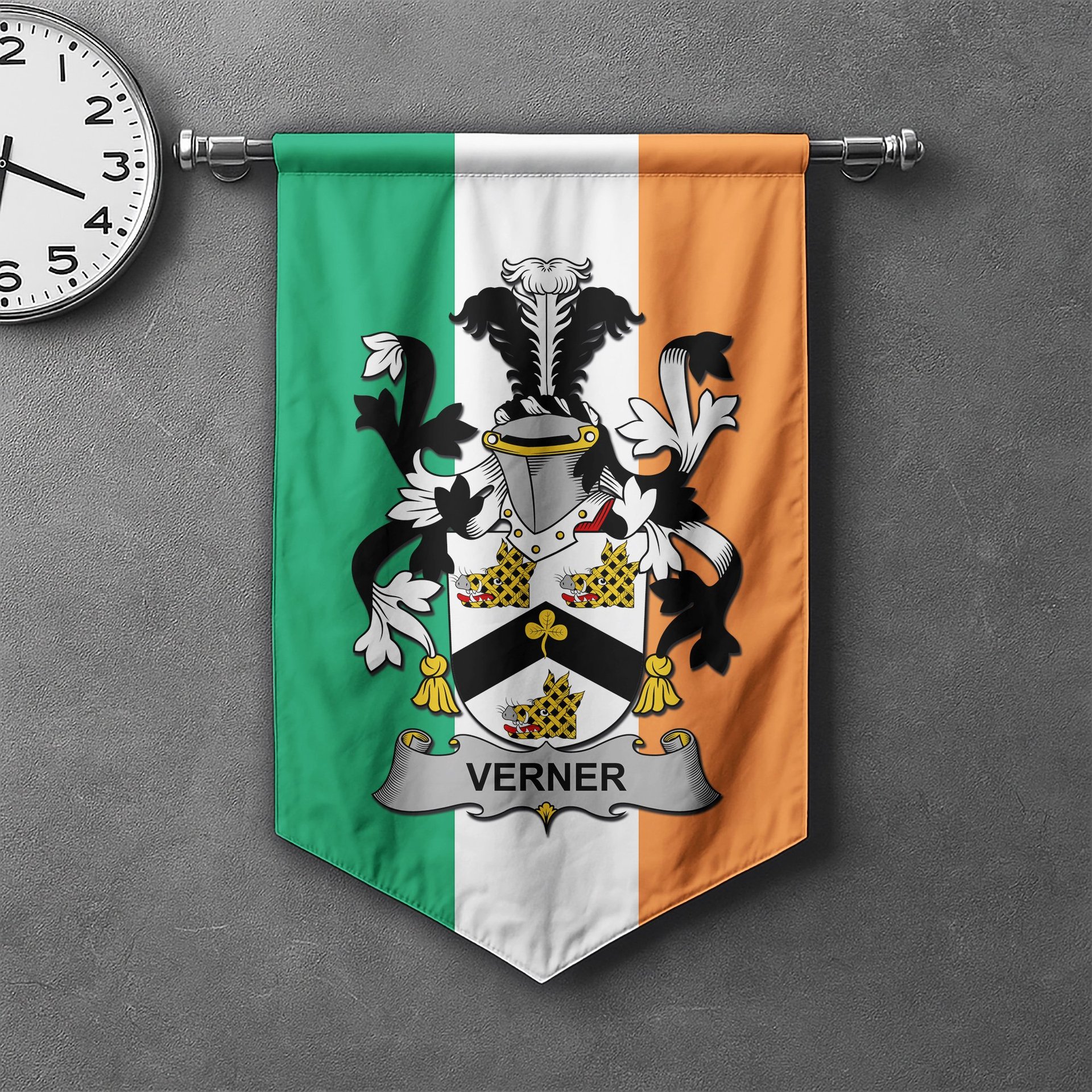 ScotsTee Shop Irish Verner Clan Coat of Arms Irish Tartan Gonfalon Flag
