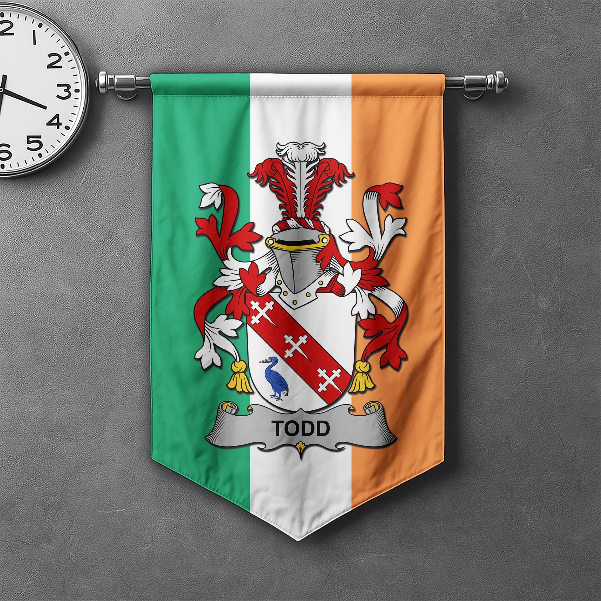 ScotsTee Shop Irish Todd or Tod Clan Coat of Arms Irish Tartan Gonfalon Flag