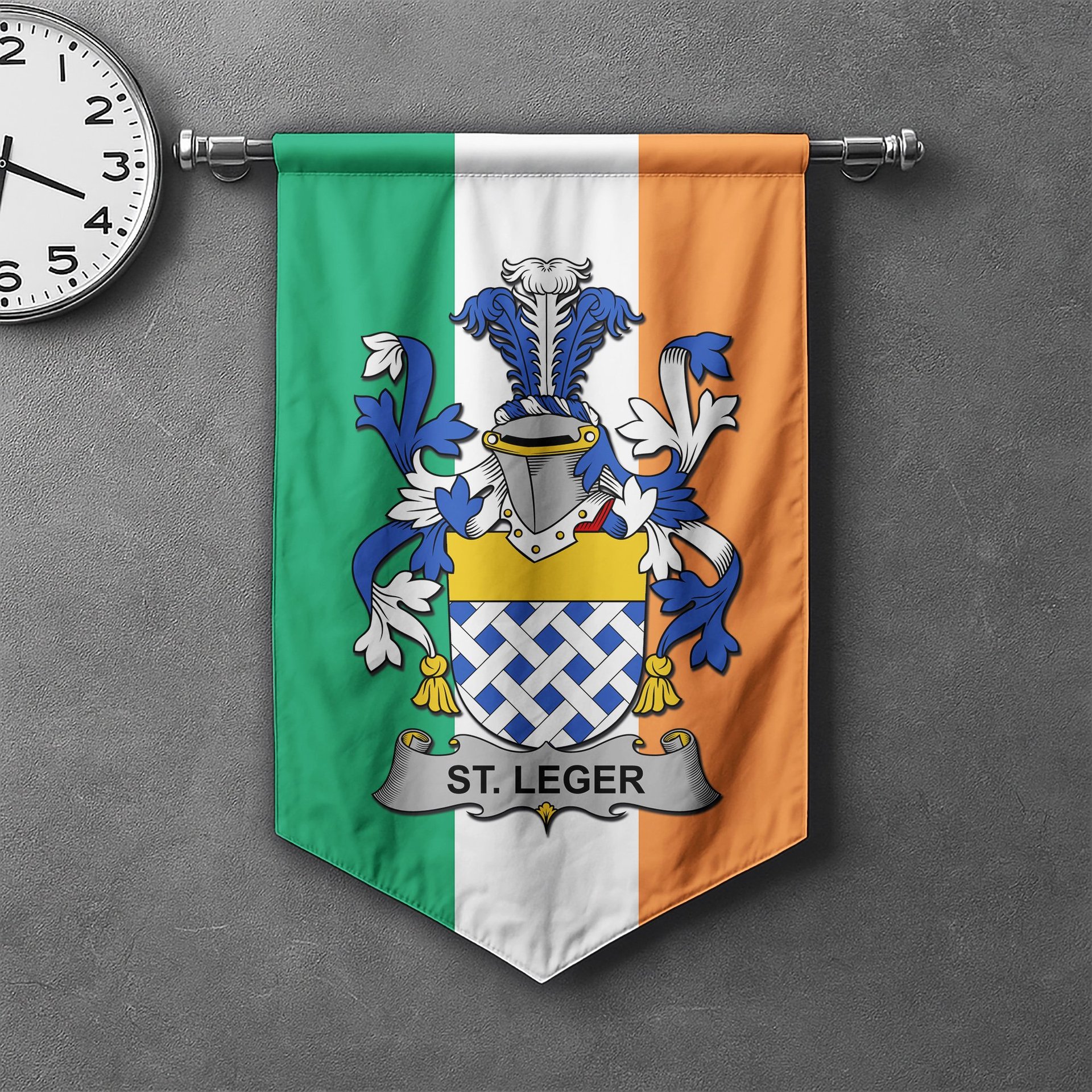 ScotsTee Shop Irish St.Leger Clan Coat of Arms Irish Tartan Gonfalon Flag