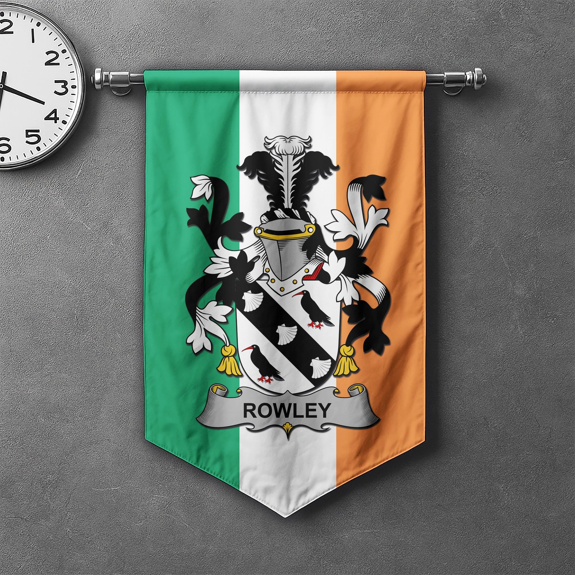 ScotsTee Shop Irish Rowley or O'Rowley Clan Coat of Arms Irish Tartan Gonfalon Flag