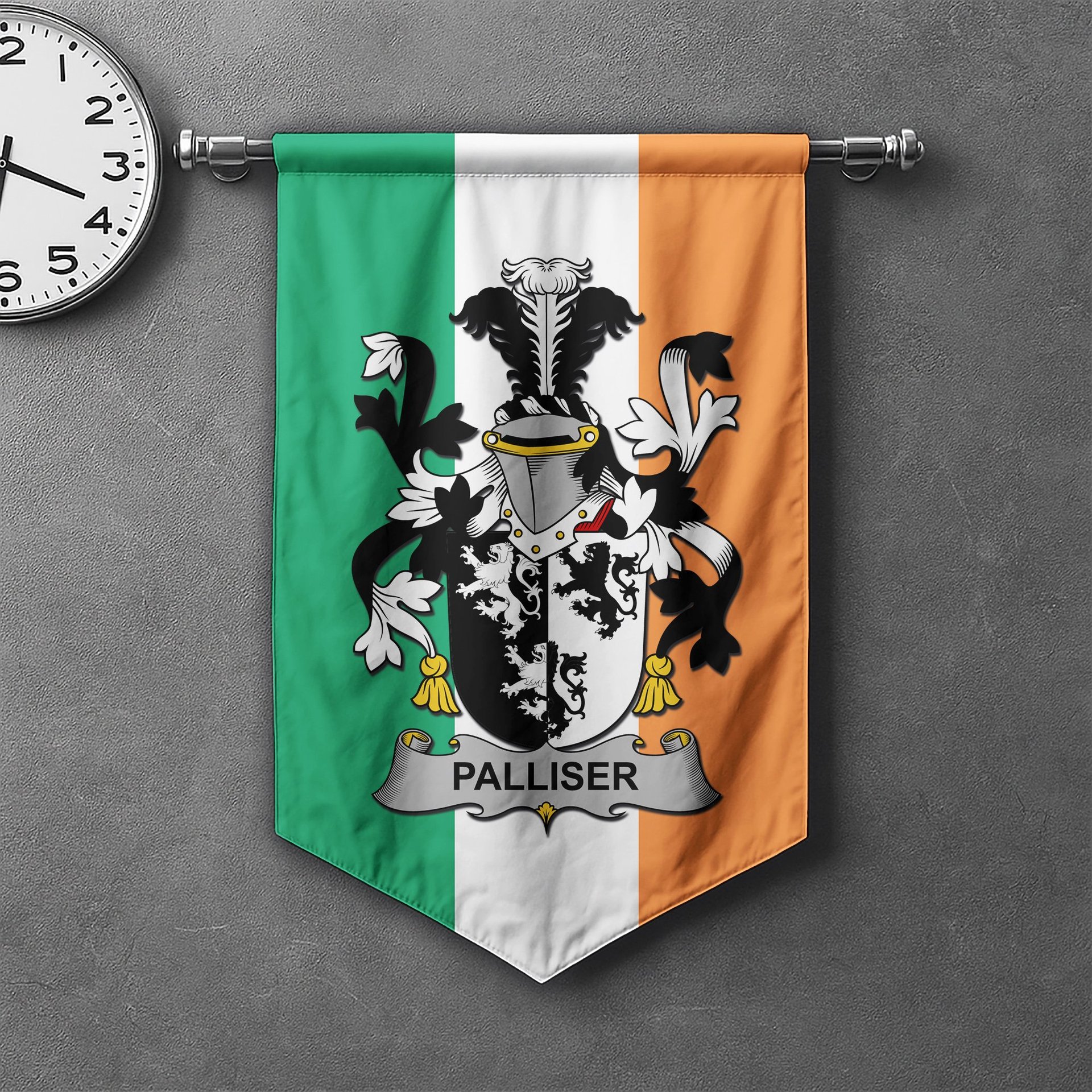 ScotsTee Shop Irish Palliser Clan Coat of Arms Irish Tartan Gonfalon Flag