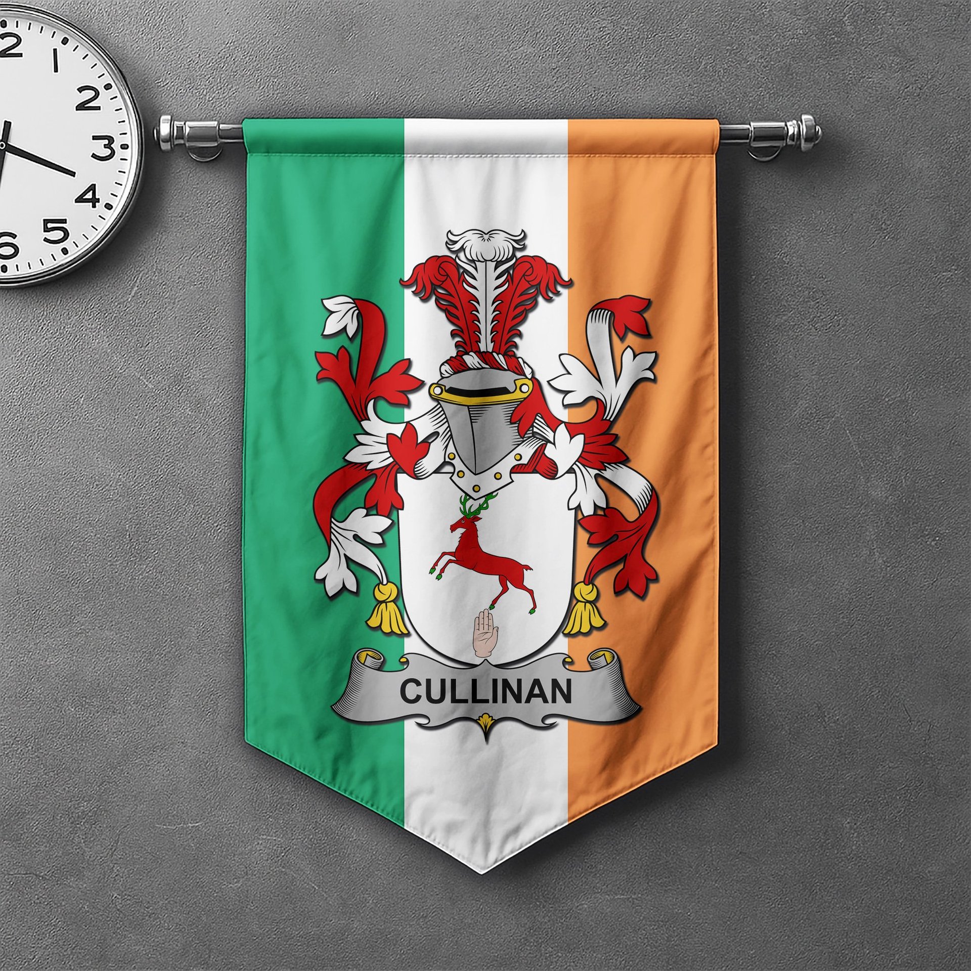 ScotsTee Shop Irish Cullinan or O'Cullinane Clan Coat of Arms Irish Tartan Gonfalon Flag