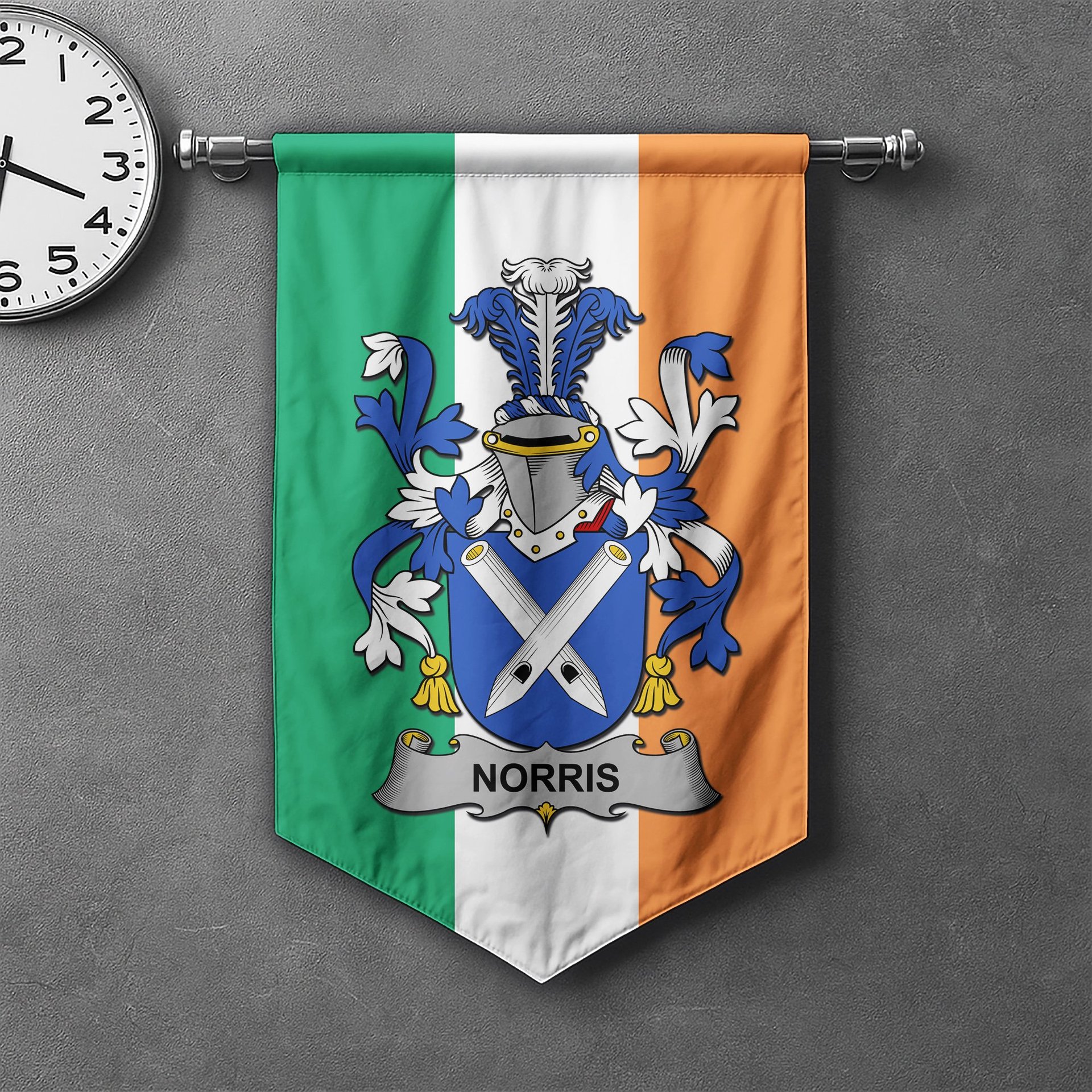 ScotsTee Shop Irish Norris Clan Coat of Arms Irish Tartan Gonfalon Flag