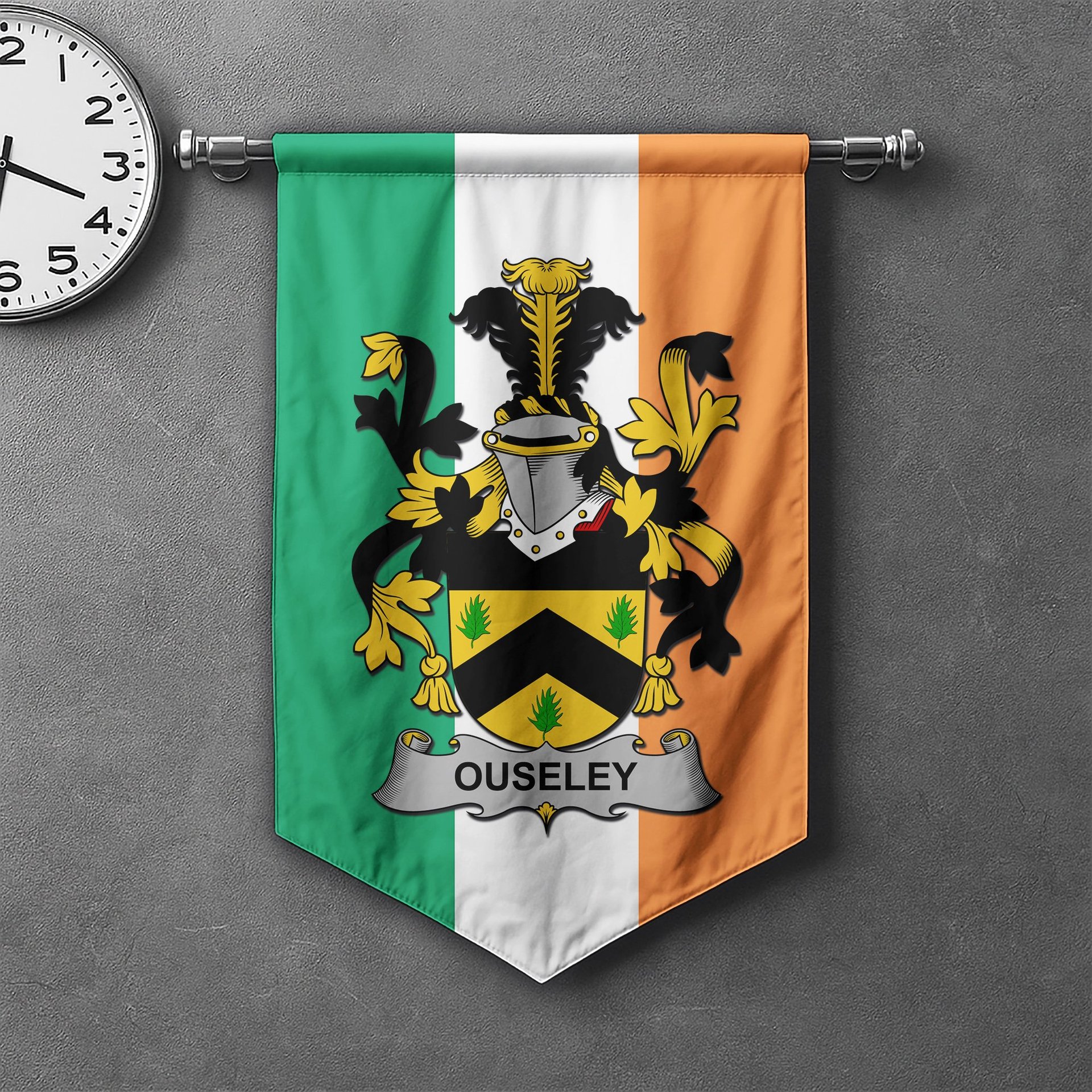 ScotsTee Shop Irish Ouseley Clan Coat of Arms Irish Tartan Gonfalon Flag