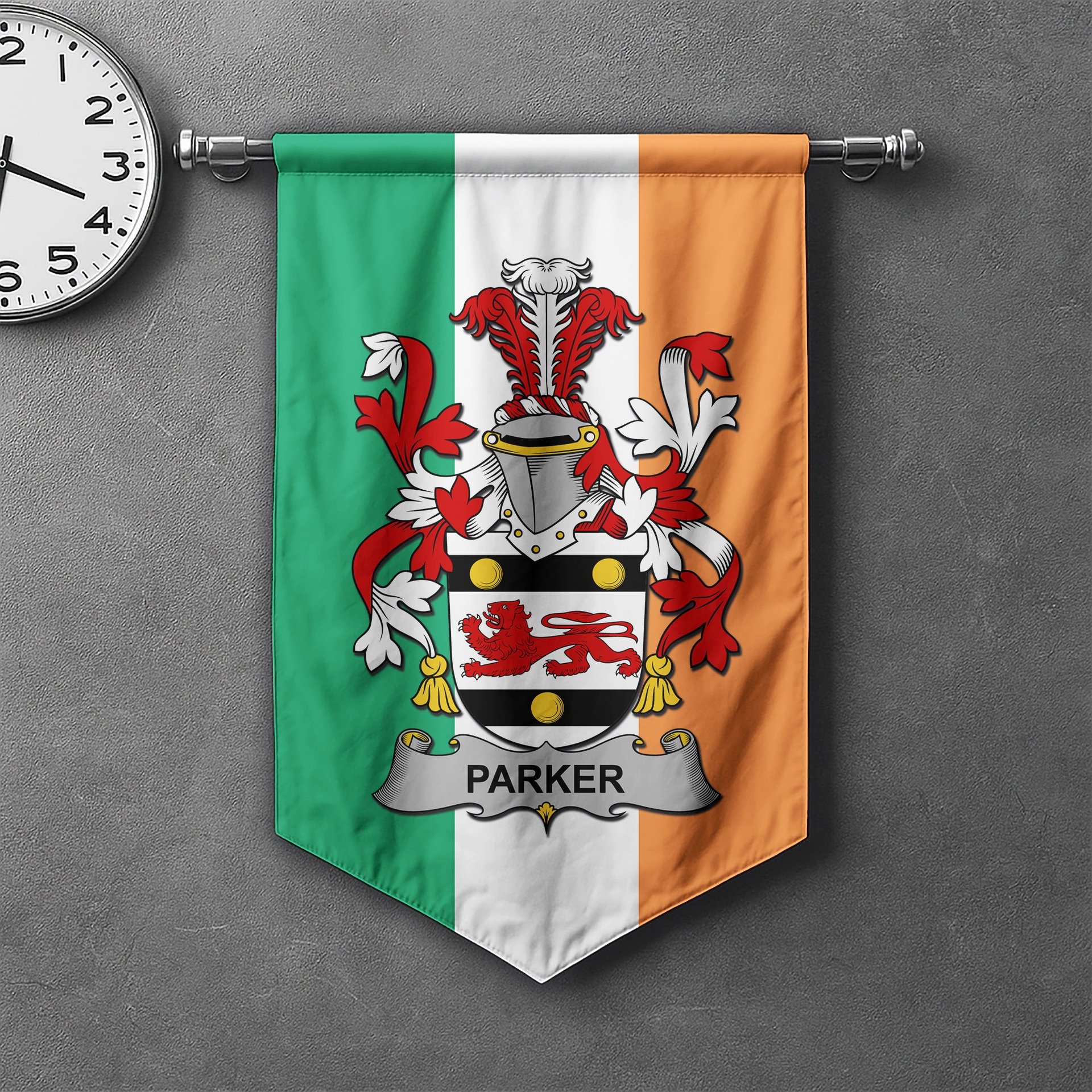 ScotsTee Shop Irish Parker Clan Coat of Arms Irish Tartan Gonfalon Flag