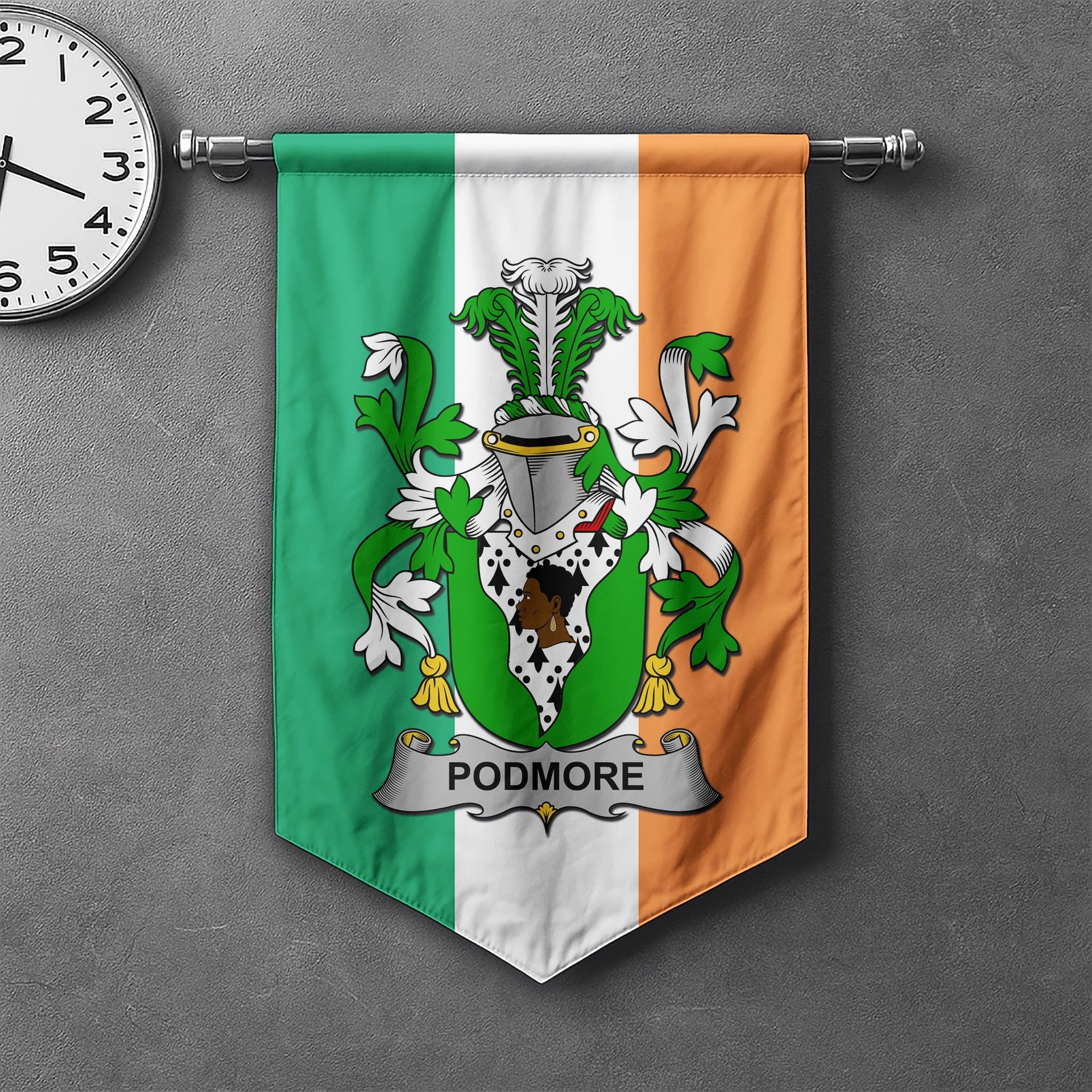 ScotsTee Shop Irish Podmore Clan Coat of Arms Irish Tartan Gonfalon Flag