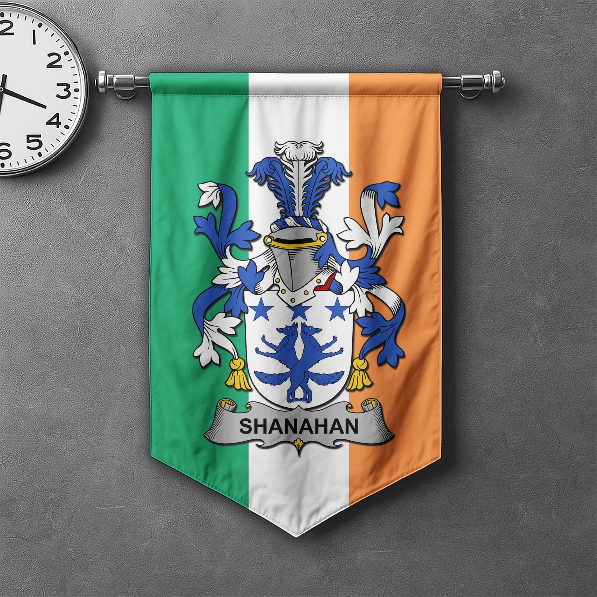 ScotsTee Shop Irish Shanahan or O'Shanahan Clan Coat of Arms Irish Tartan Gonfalon Flag