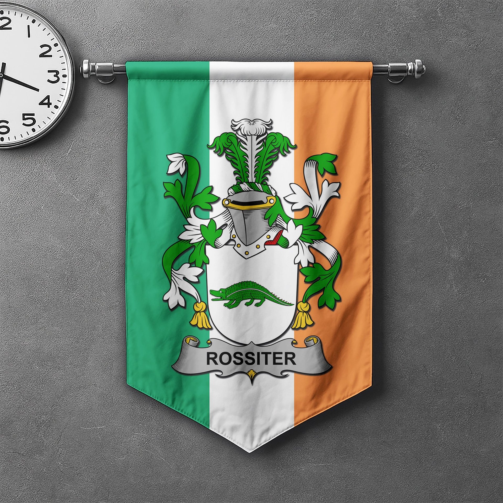 ScotsTee Shop Irish Rossiter Clan Coat of Arms Irish Tartan Gonfalon Flag
