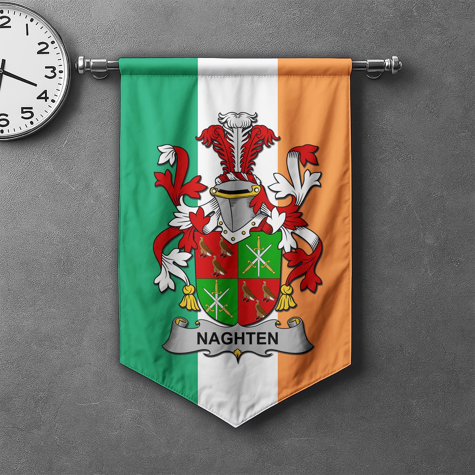 ScotsTee Shop Irish Naghten or O'Naghten Clan Coat of Arms Irish Tartan Gonfalon Flag