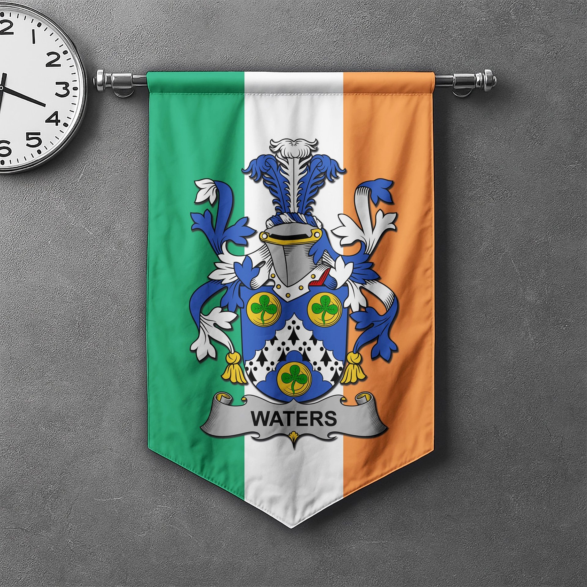 ScotsTee Shop Irish Waters Clan Coat of Arms Irish Tartan Gonfalon Flag