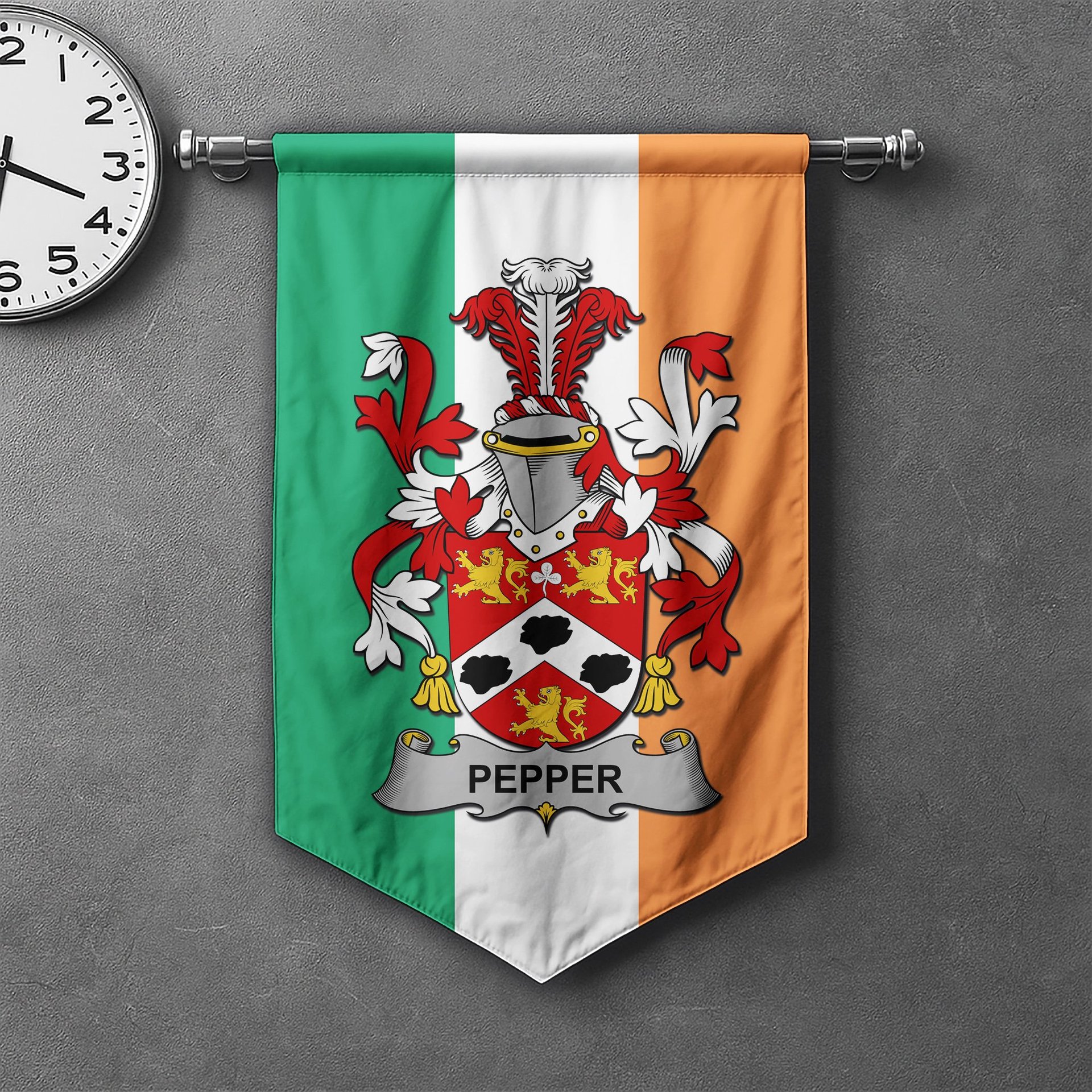 ScotsTee Shop Irish Pepper Clan Coat of Arms Irish Tartan Gonfalon Flag