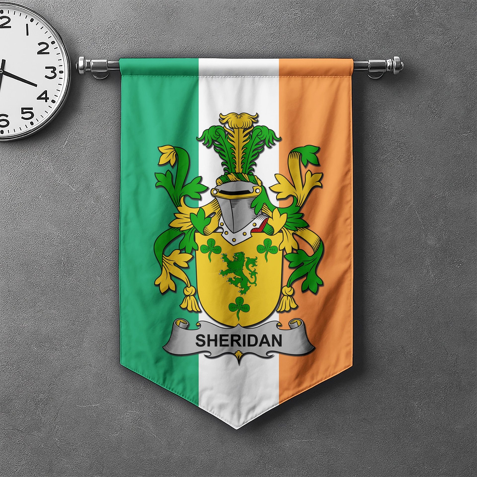 ScotsTee Shop Irish Sheridan Clan Coat of Arms Irish Tartan Gonfalon Flag