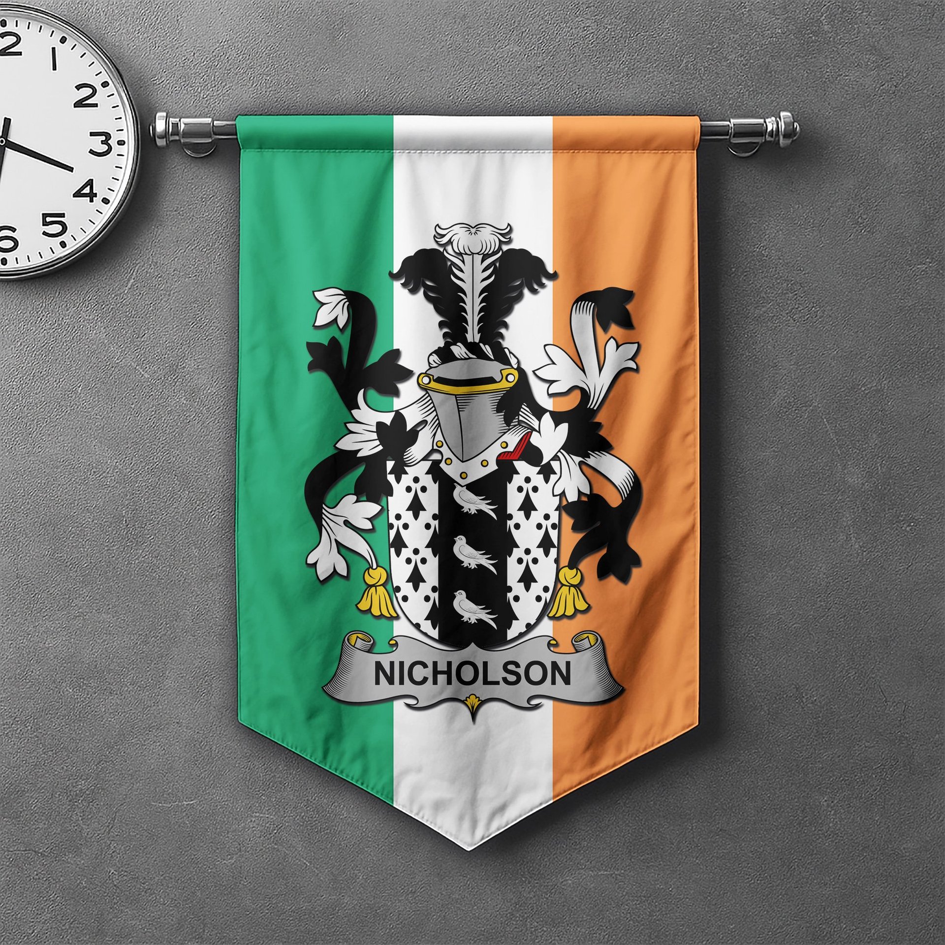 ScotsTee Shop Irish Nicholson Clan Coat of Arms Irish Tartan Gonfalon Flag
