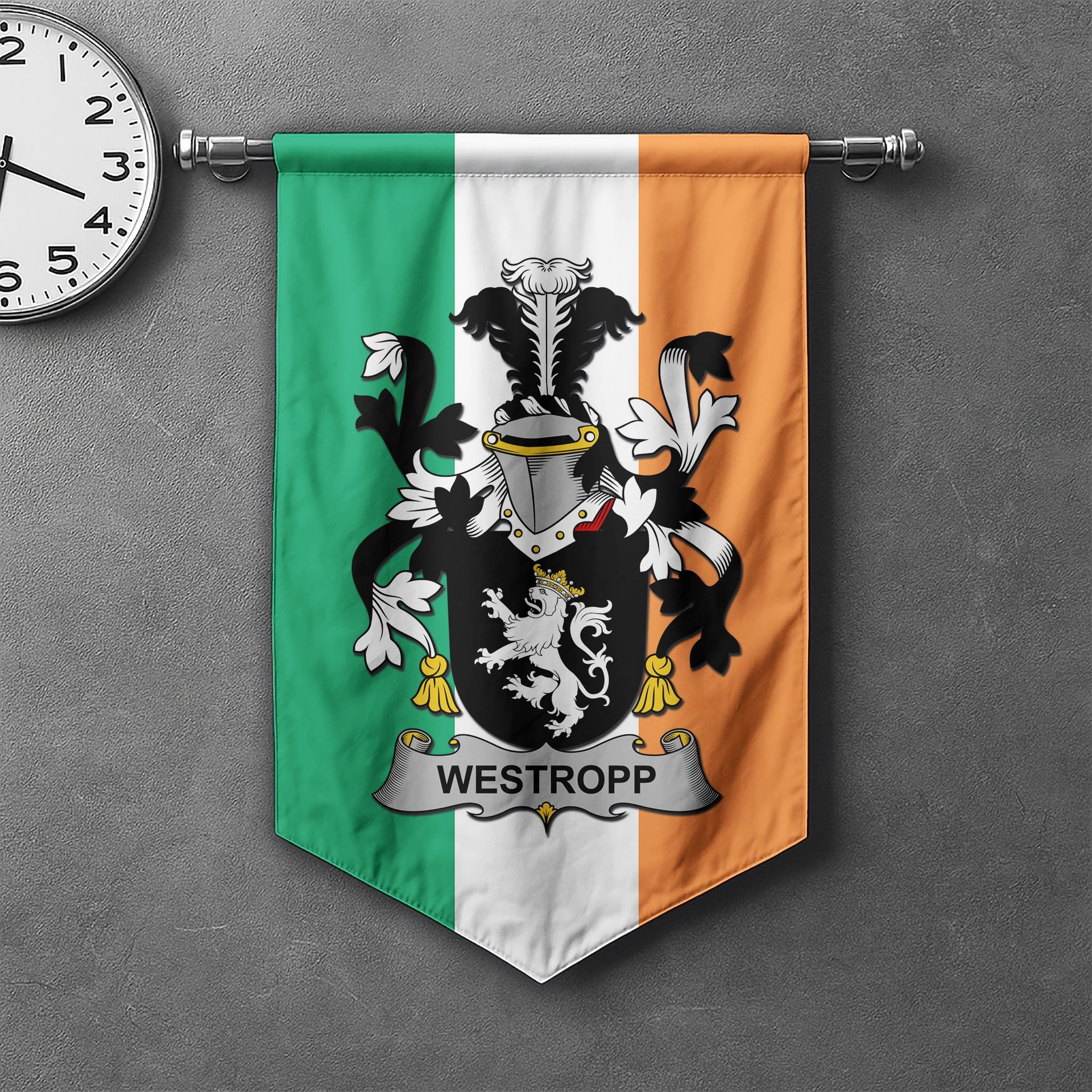 ScotsTee Shop Irish Westropp Clan Coat of Arms Irish Tartan Gonfalon Flag