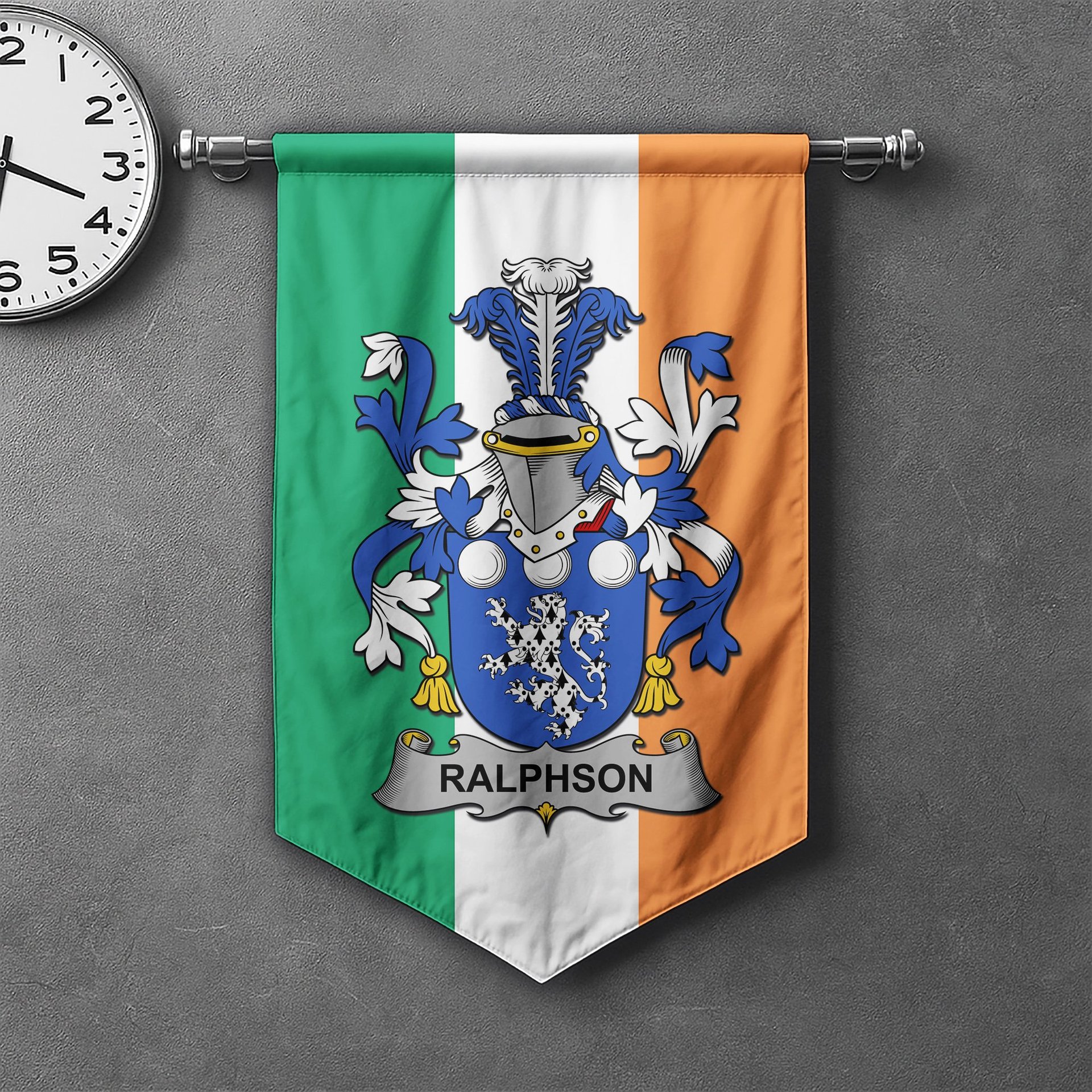 ScotsTee Shop Irish Ralphson Clan Coat of Arms Irish Tartan Gonfalon Flag