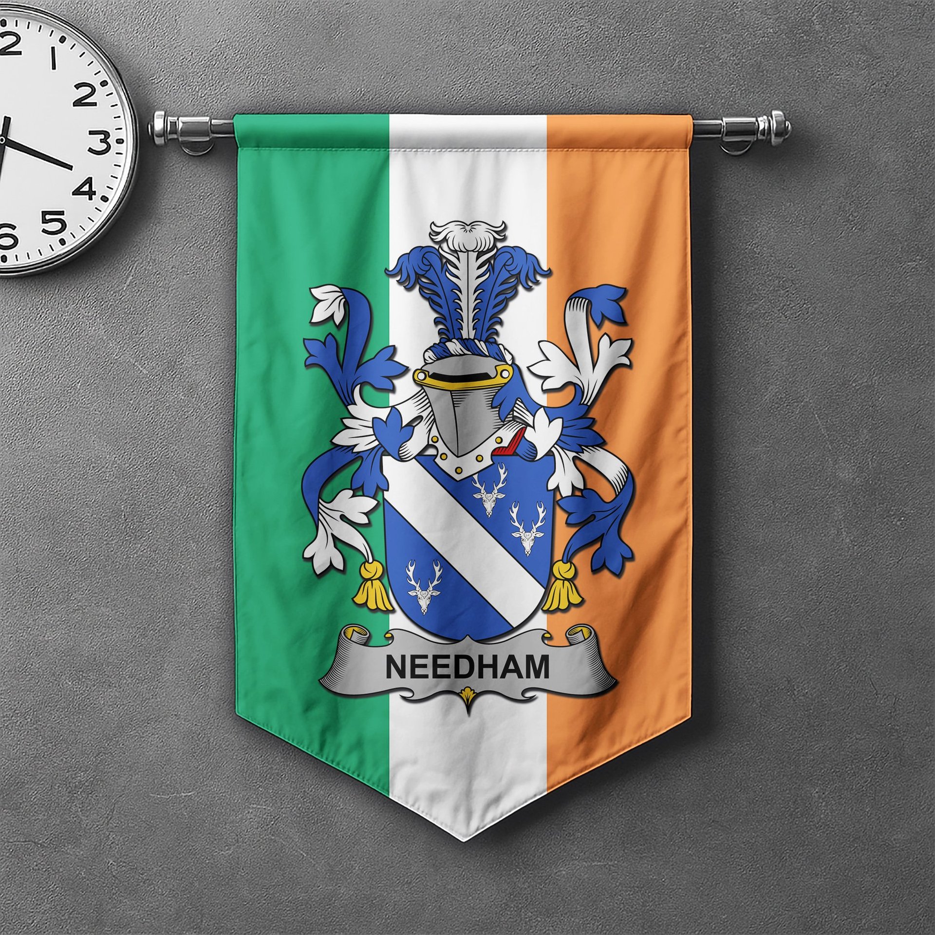 ScotsTee Shop Irish Needham or O'Nee Clan Coat of Arms Irish Tartan Gonfalon Flag