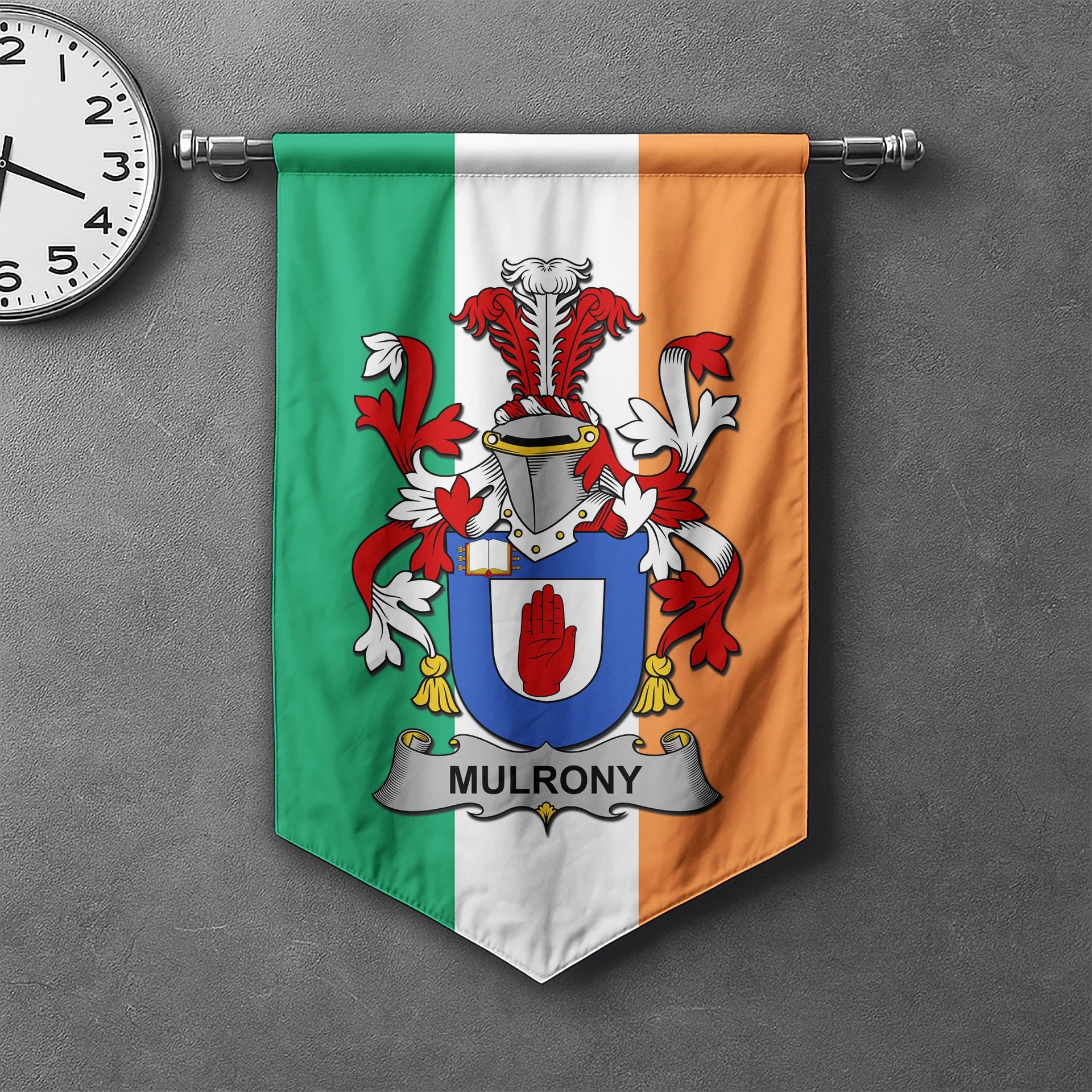 ScotsTee Shop Irish Mulrony or O'Mulroney Clan Coat of Arms Irish Tartan Gonfalon Flag