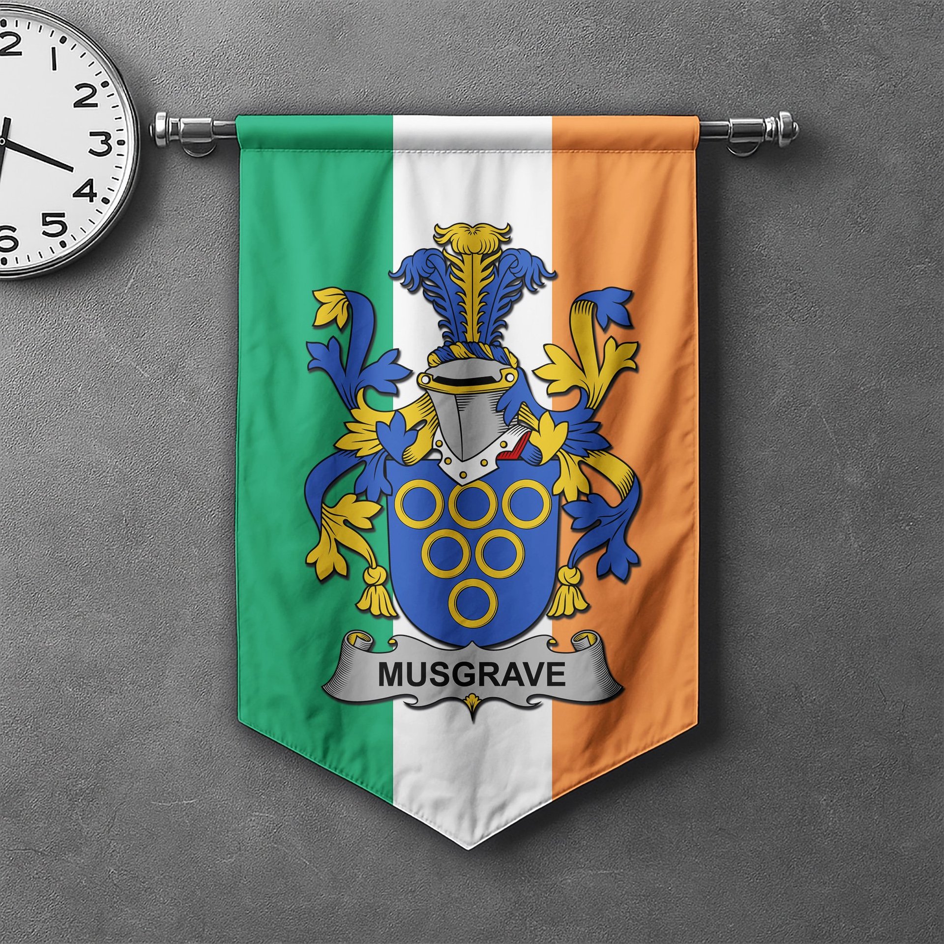 ScotsTee Shop Irish Musgrave Clan Coat of Arms Irish Tartan Gonfalon Flag