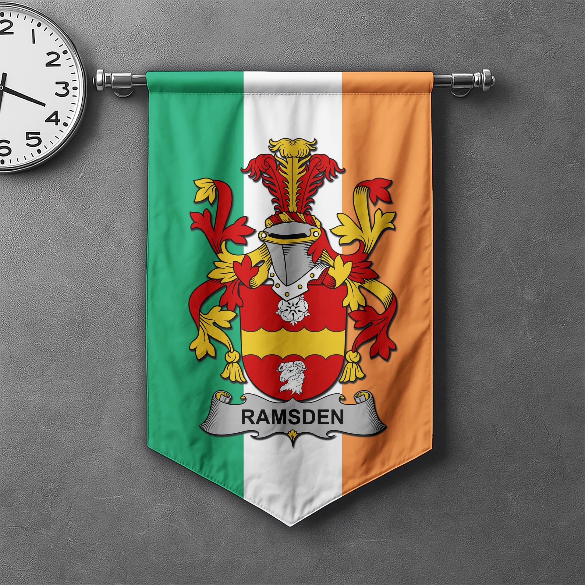 ScotsTee Shop Irish Ramsden Clan Coat of Arms Irish Tartan Gonfalon Flag