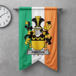 ScotsTee Shop Irish Preston Clan Coat of Arms Irish Tartan Gonfalon Flag