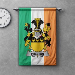 ScotsTee Shop Irish Preston Clan Coat of Arms Irish Tartan Gonfalon Flag