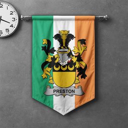 ScotsTee Shop Irish Preston Clan Coat of Arms Irish Tartan Gonfalon Flag