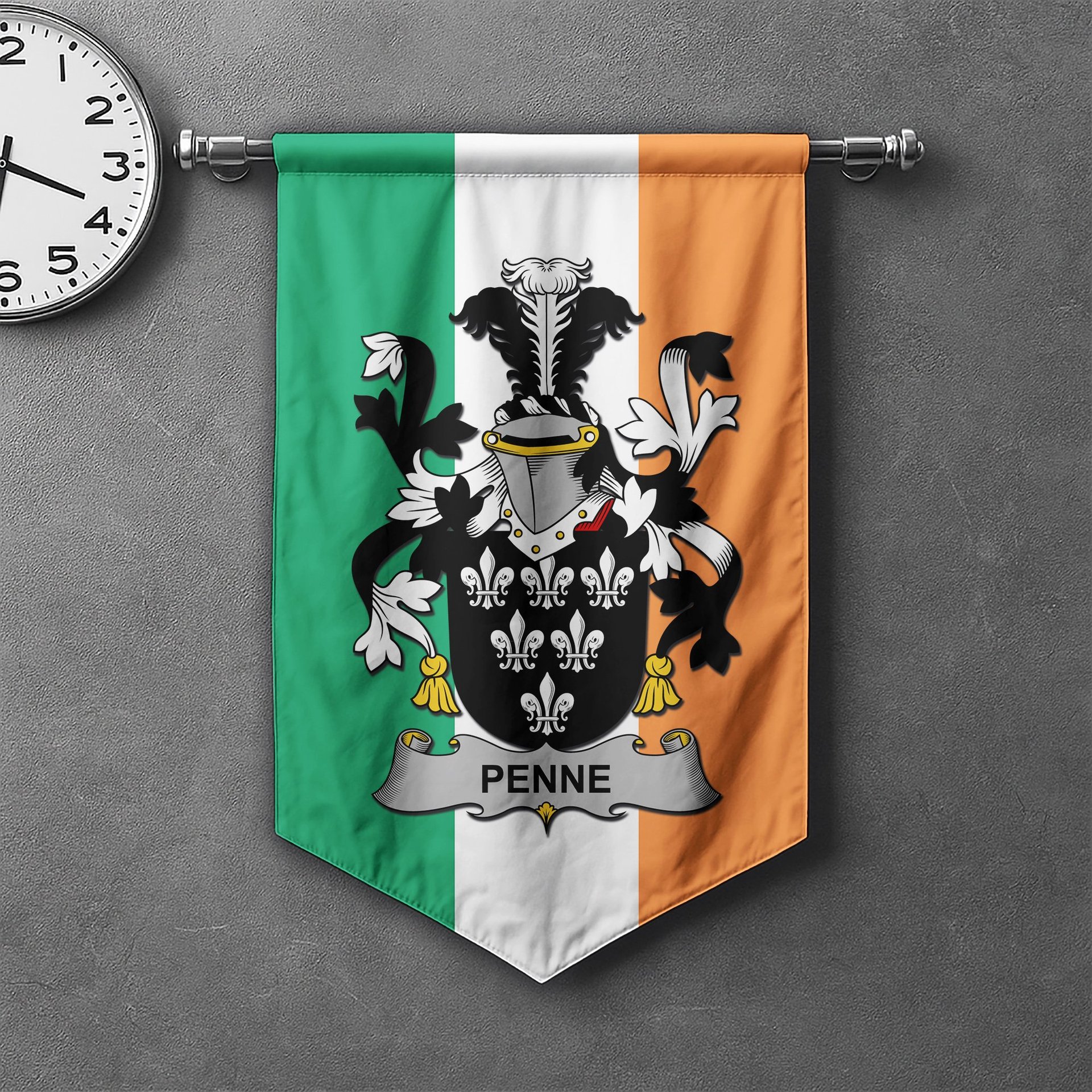 ScotsTee Shop Irish Penne or Penn Clan Coat of Arms Irish Tartan Gonfalon Flag