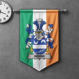 ScotsTee Shop Irish Nevins or McNevins Clan Coat of Arms Irish Tartan Gonfalon Flag