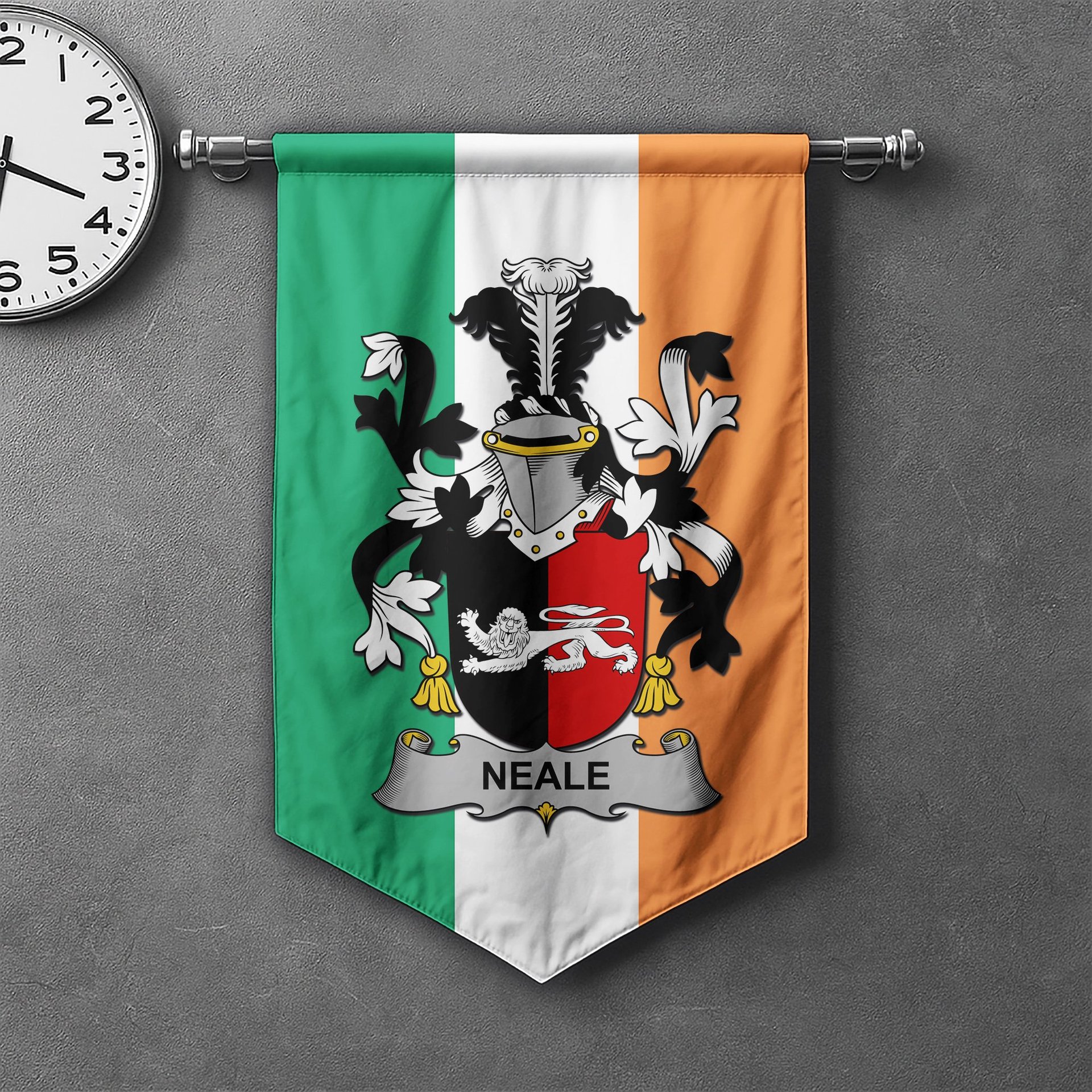 ScotsTee Shop Irish Neale Clan Coat of Arms Irish Tartan Gonfalon Flag