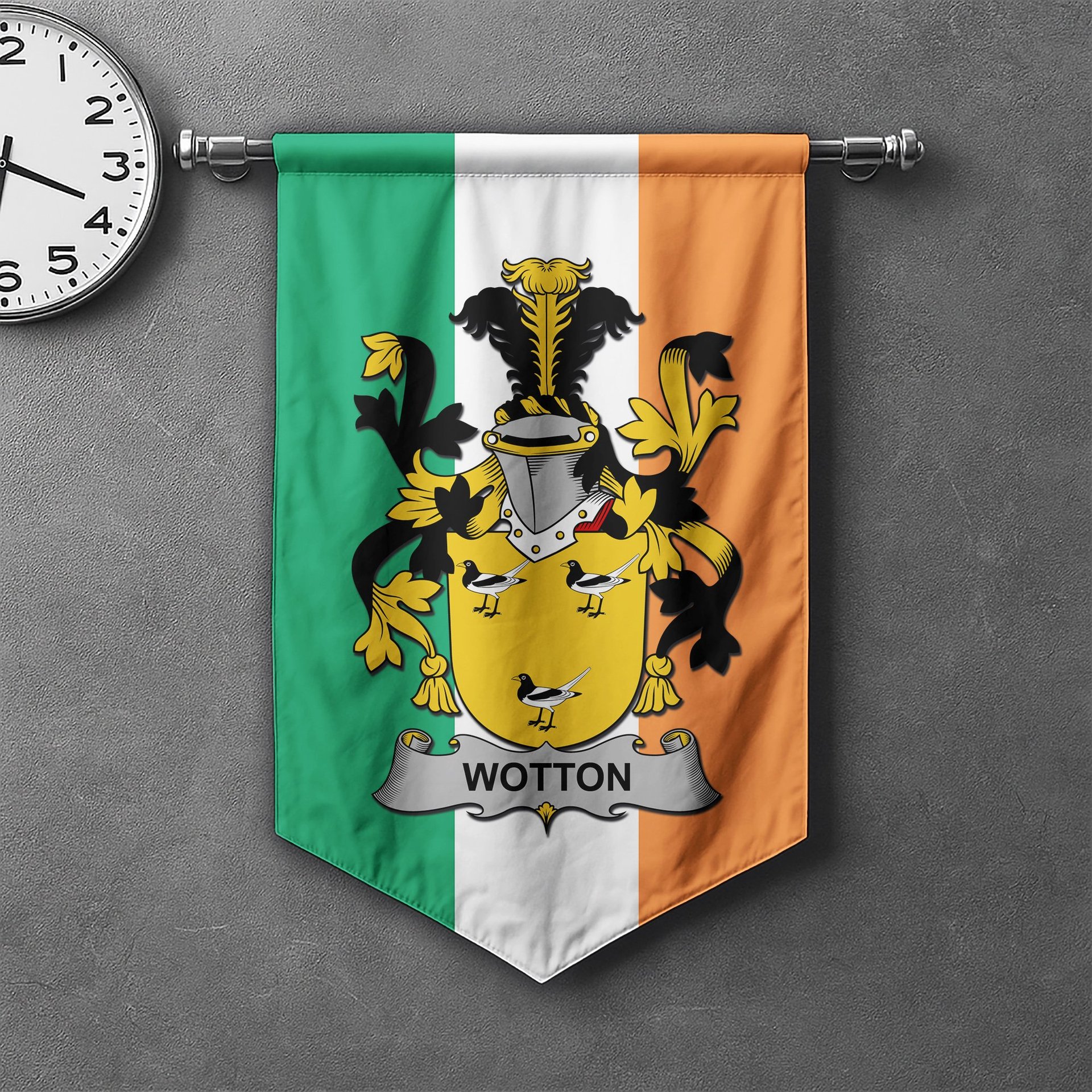 ScotsTee Shop Irish Wotton Clan Coat of Arms Irish Tartan Gonfalon Flag