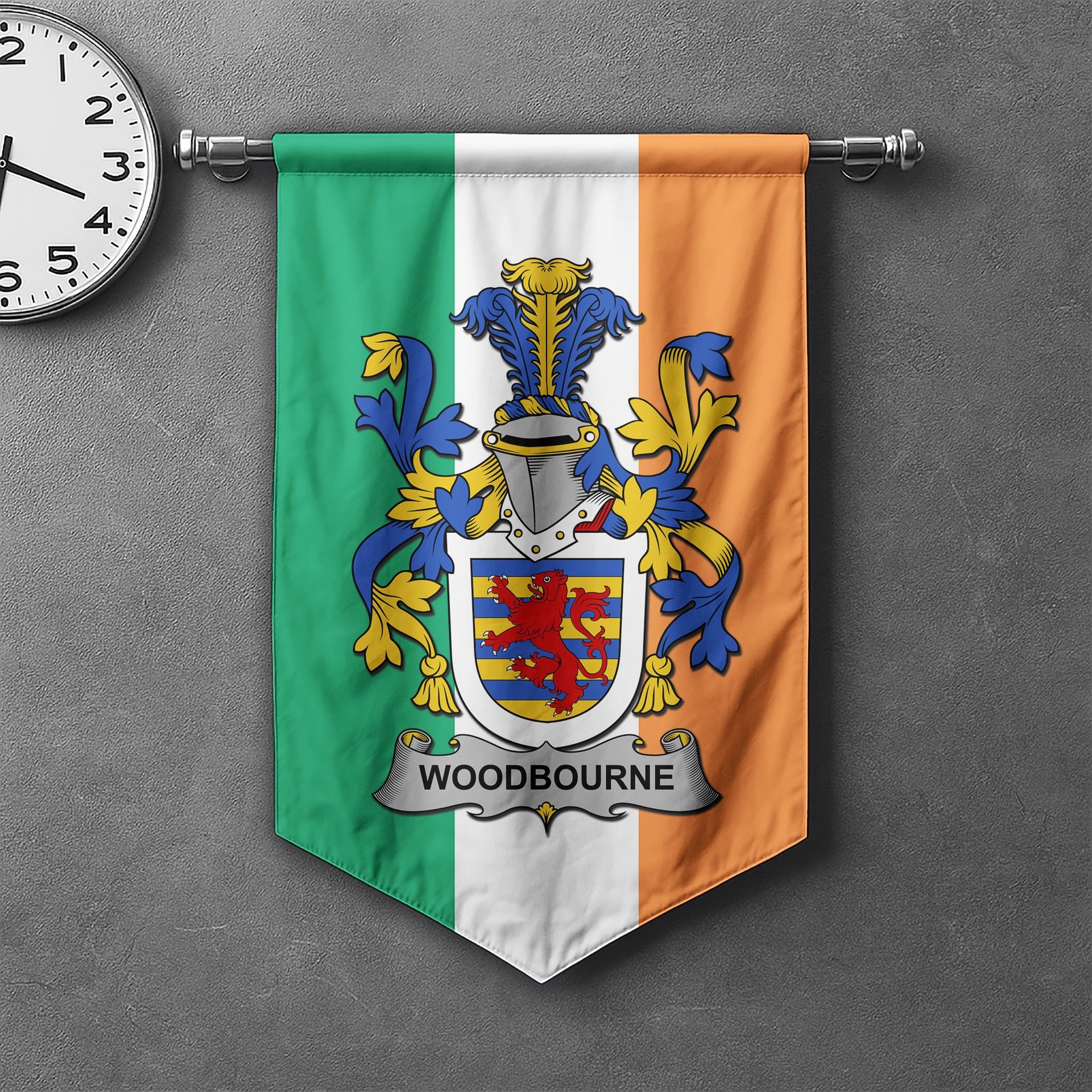ScotsTee Shop Irish Woodbourne Clan Coat of Arms Irish Tartan Gonfalon Flag