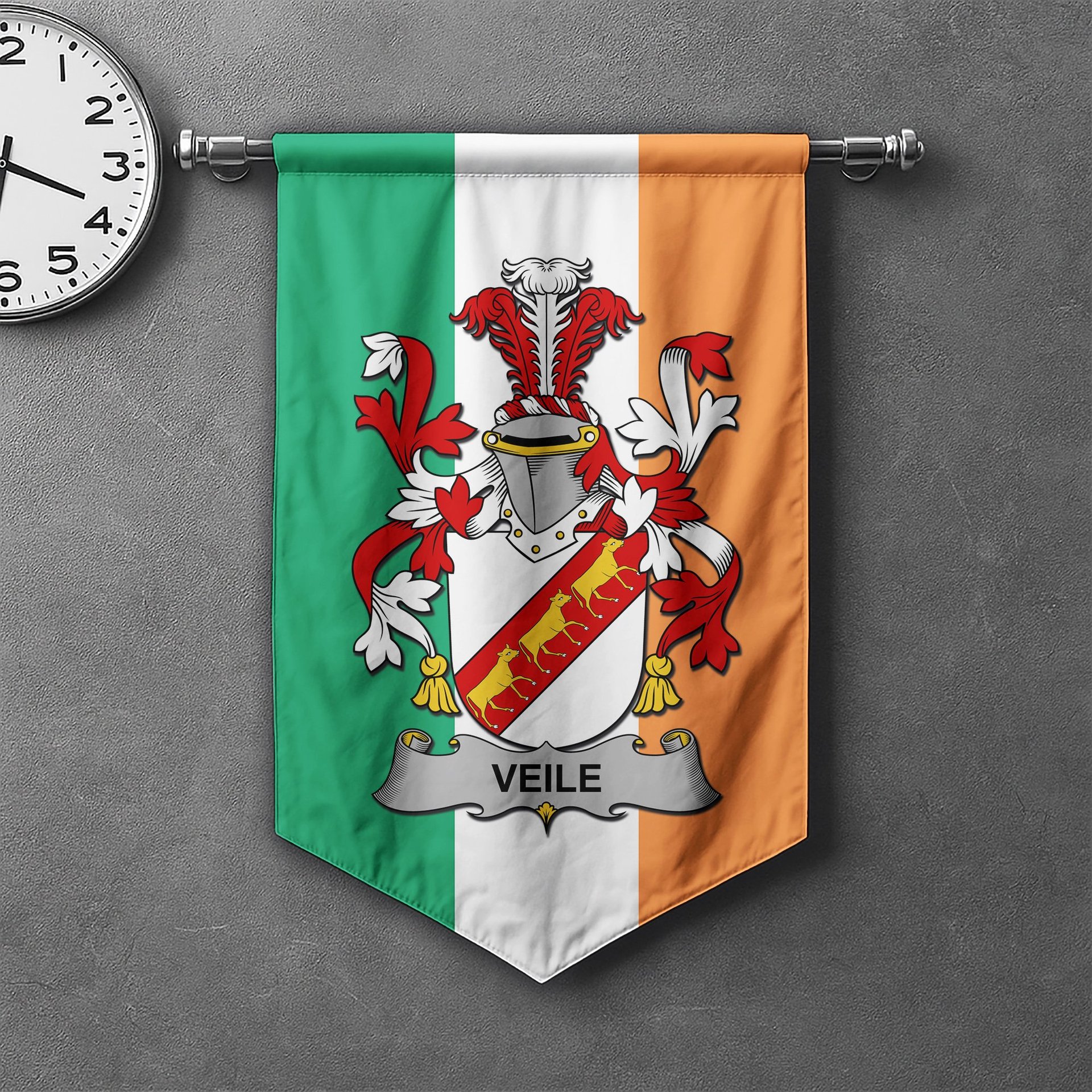 ScotsTee Shop Irish Veile or Veale Clan Coat of Arms Irish Tartan Gonfalon Flag