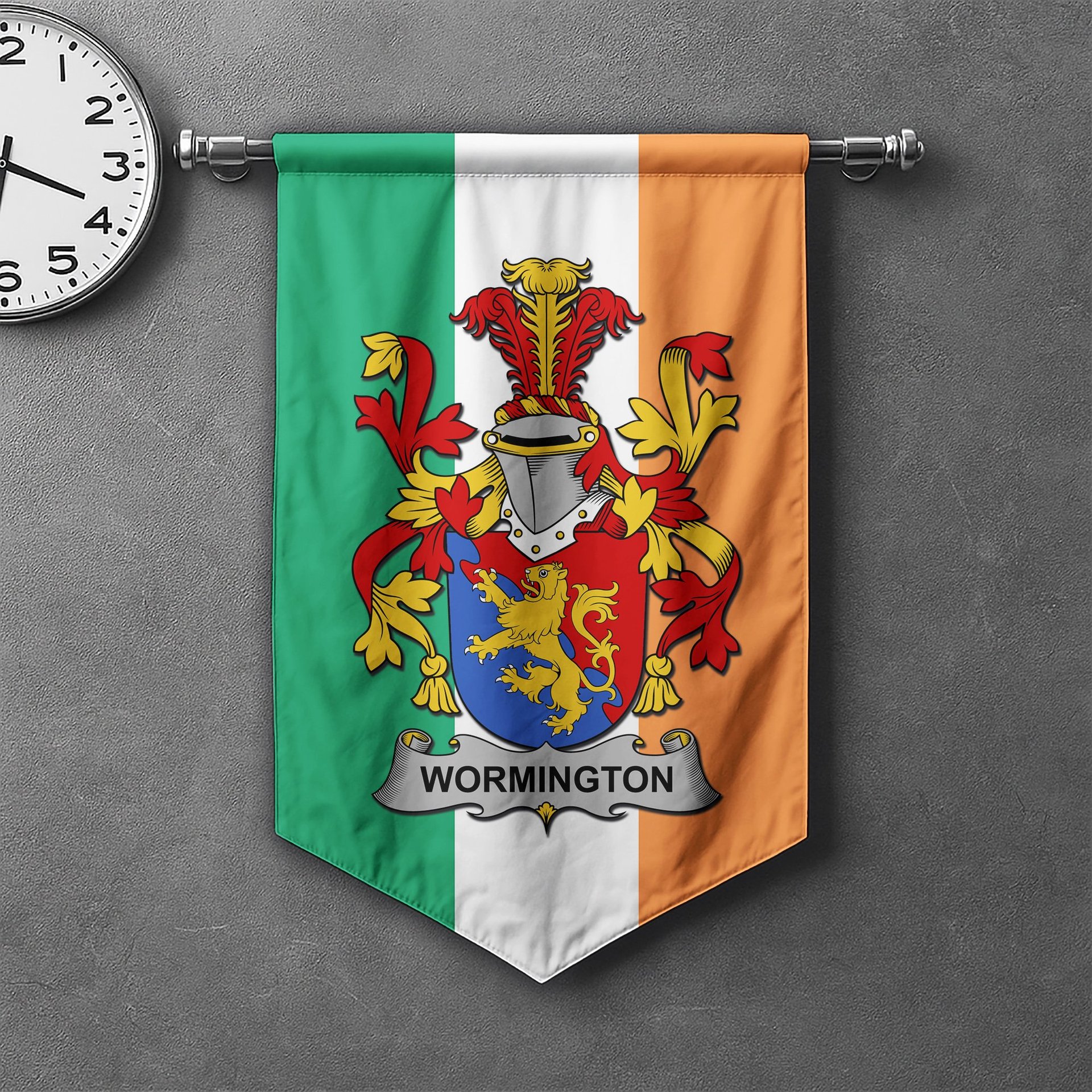 ScotsTee Shop Irish Wormington Clan Coat of Arms Irish Tartan Gonfalon Flag