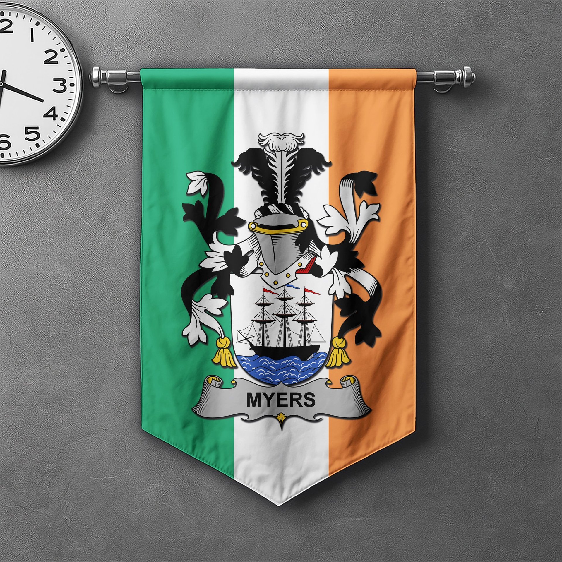 ScotsTee Shop Irish Myers Clan Coat of Arms Irish Tartan Gonfalon Flag
