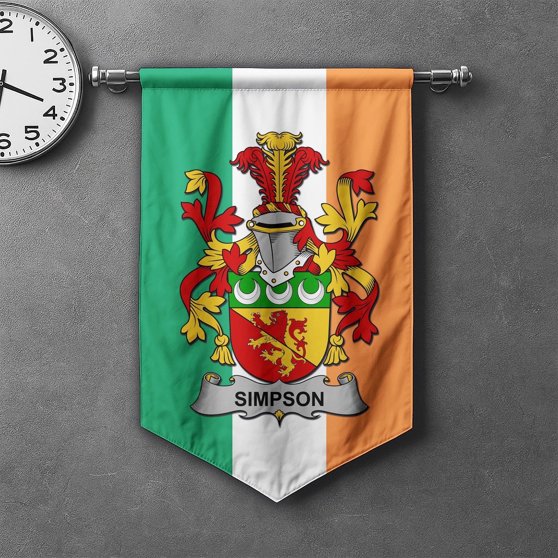 ScotsTee Shop Irish Simpson Clan Coat of Arms Irish Tartan Gonfalon Flag