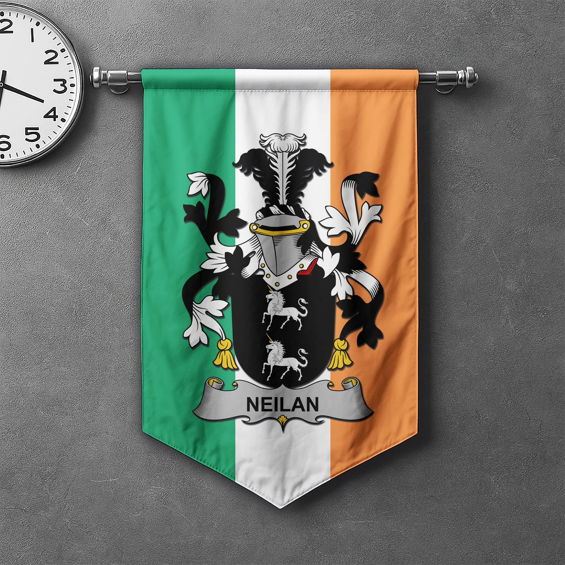 ScotsTee Shop Irish Neilan or O'Neylan Clan Coat of Arms Irish Tartan Gonfalon Flag