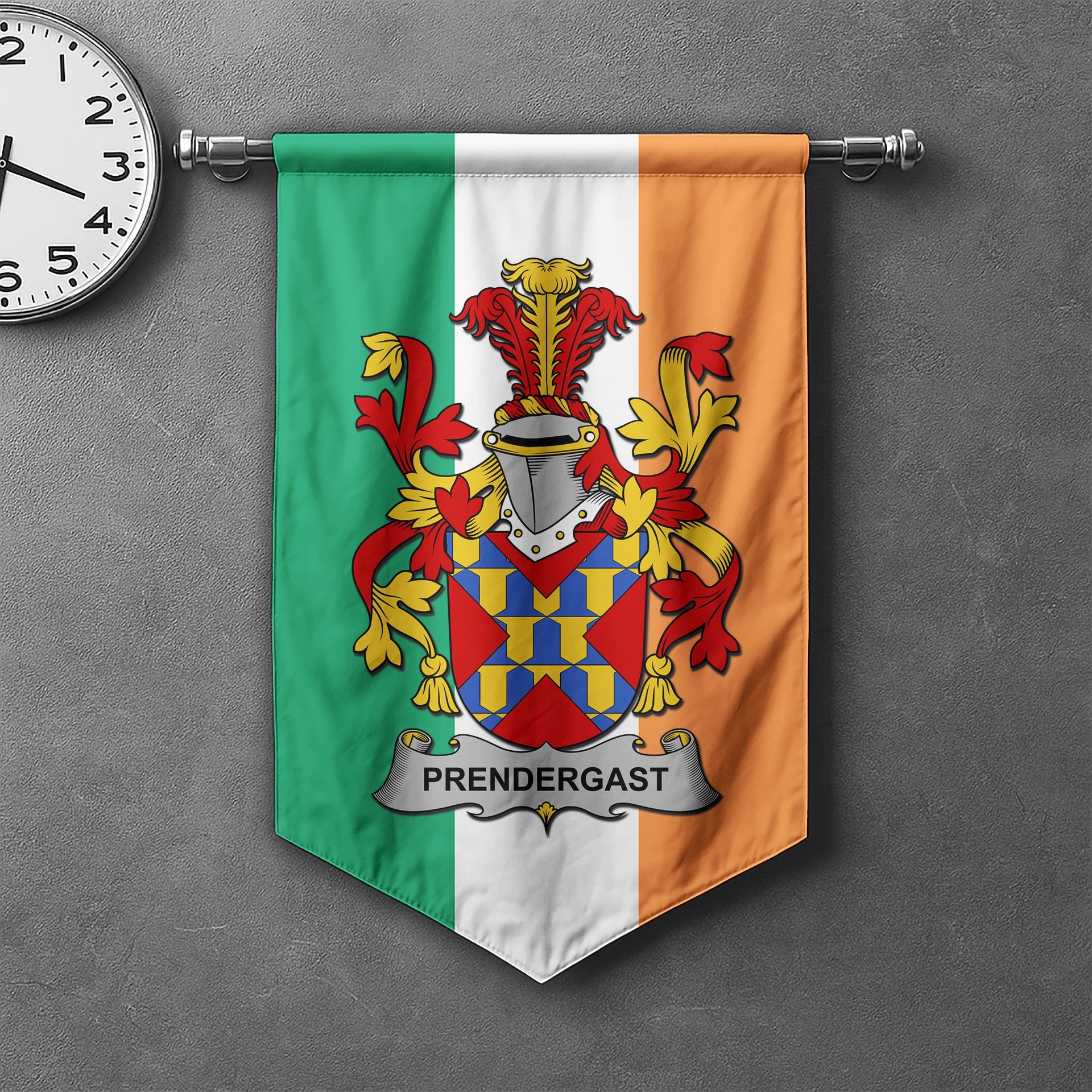 ScotsTee Shop Irish Prendergast Clan Coat of Arms Irish Tartan Gonfalon Flag