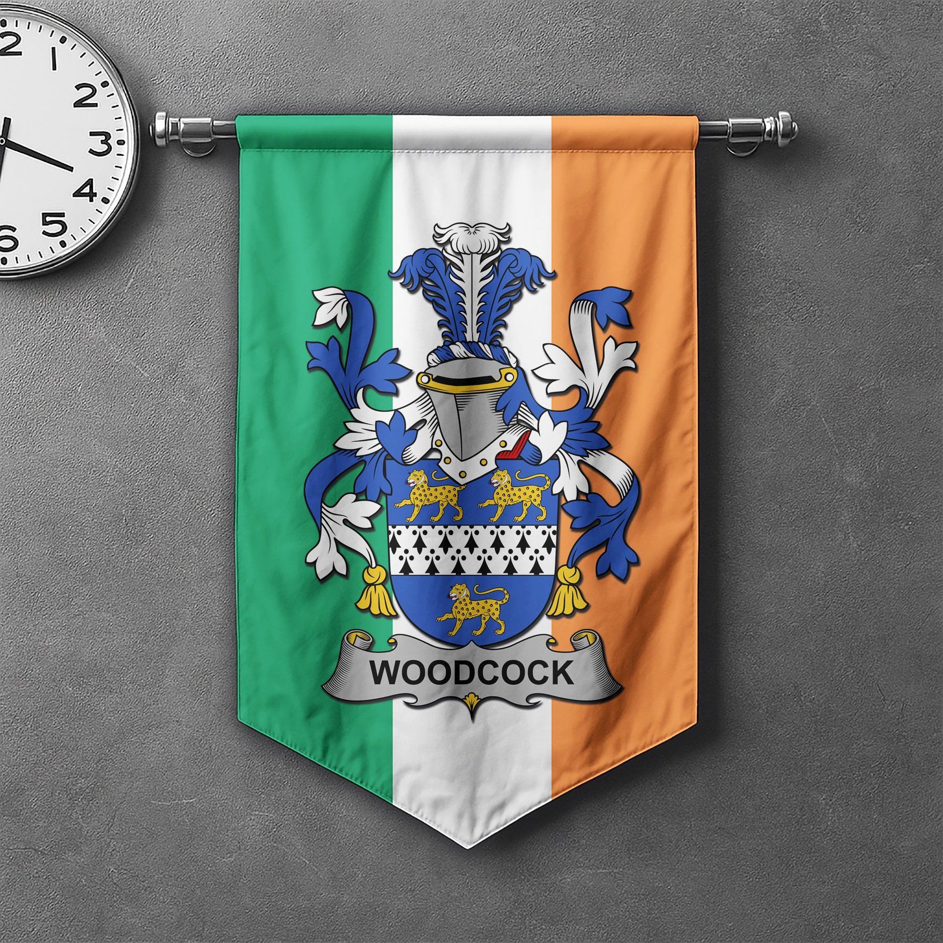 ScotsTee Shop Irish Woodcock Clan Coat of Arms Irish Tartan Gonfalon Flag