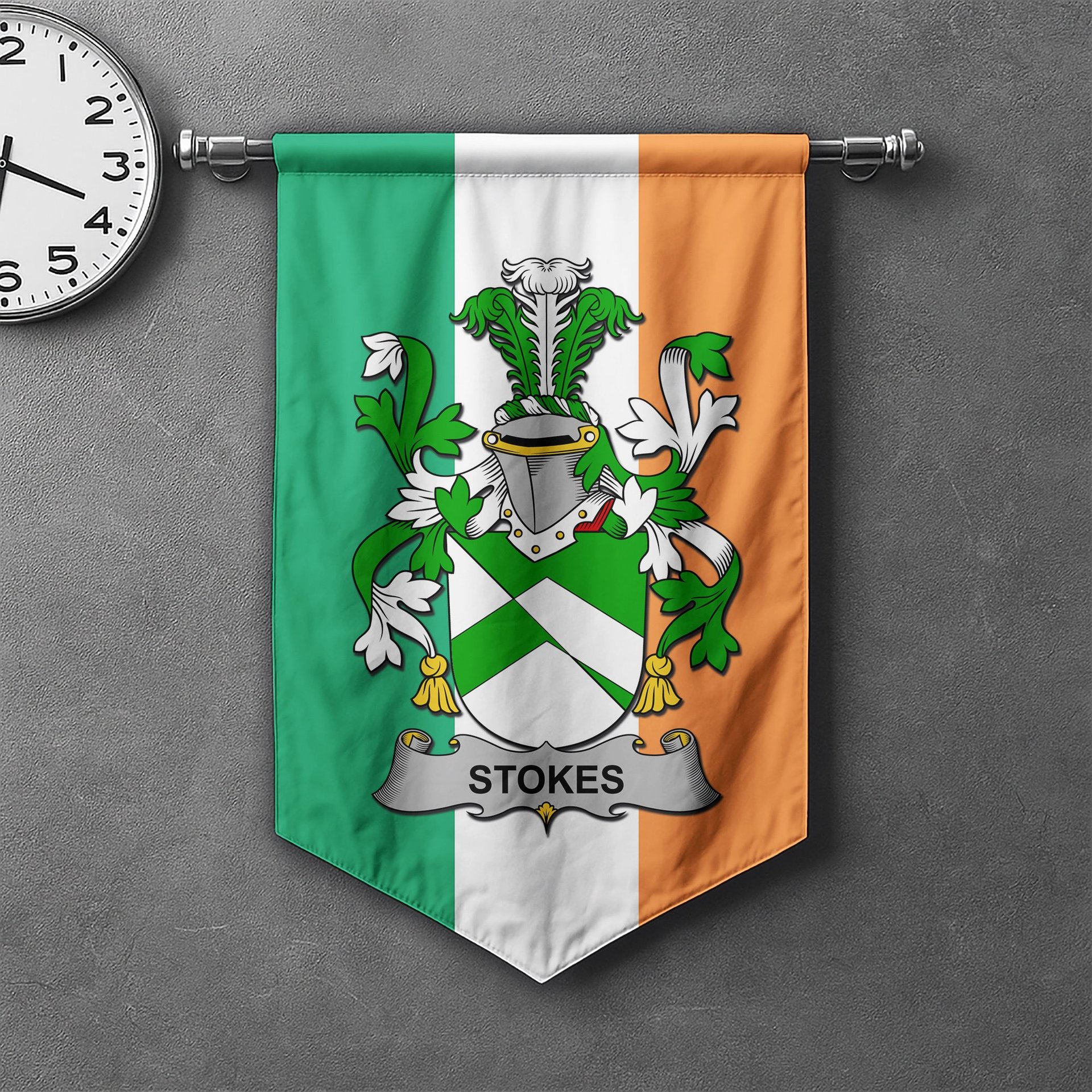 ScotsTee Shop Irish Stokes Clan Coat of Arms Irish Tartan Gonfalon Flag