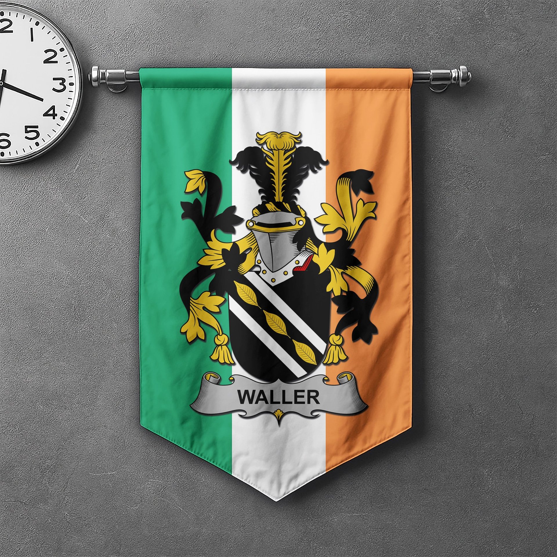 ScotsTee Shop Irish Waller Clan Coat of Arms Irish Tartan Gonfalon Flag