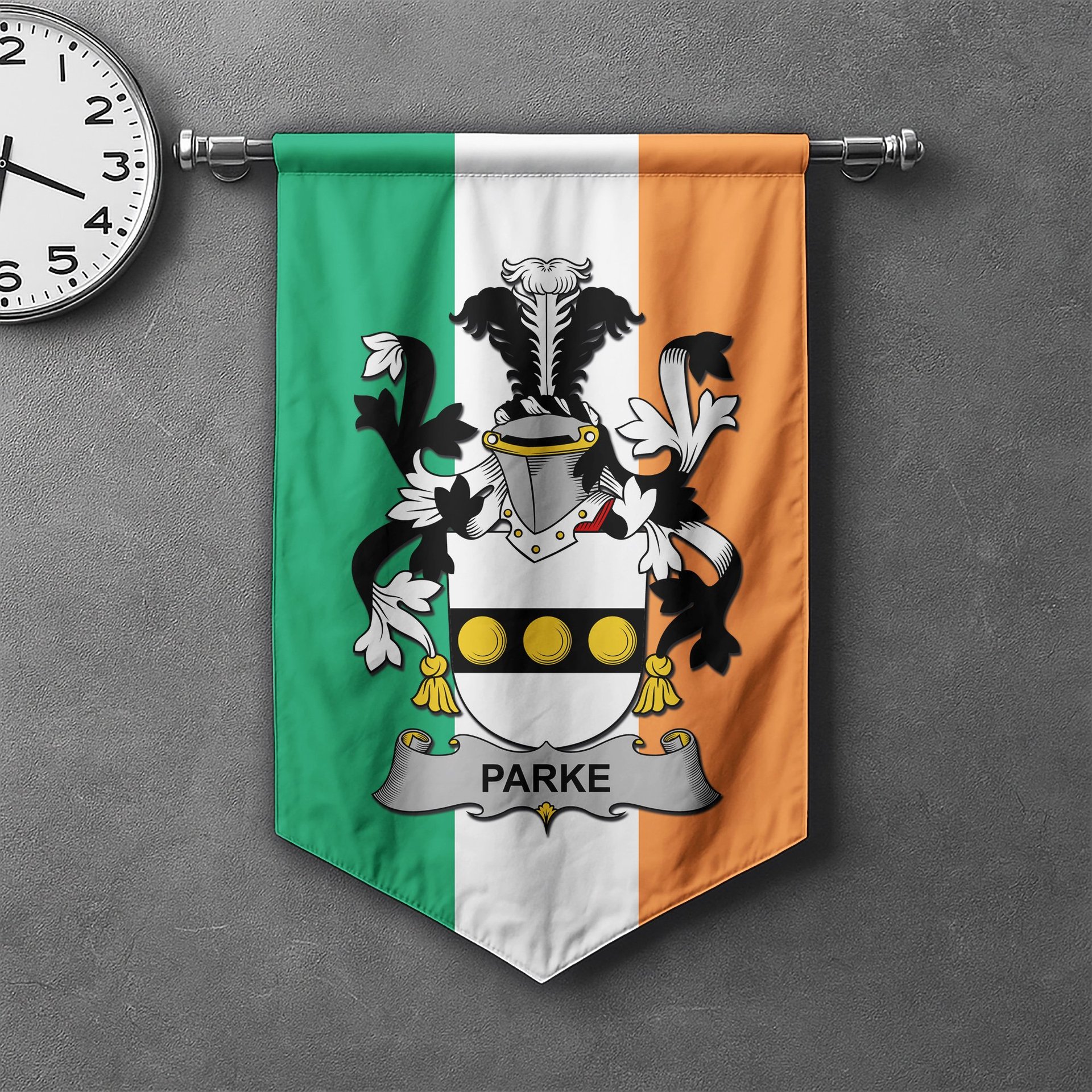 ScotsTee Shop Irish Parke Clan Coat of Arms Irish Tartan Gonfalon Flag