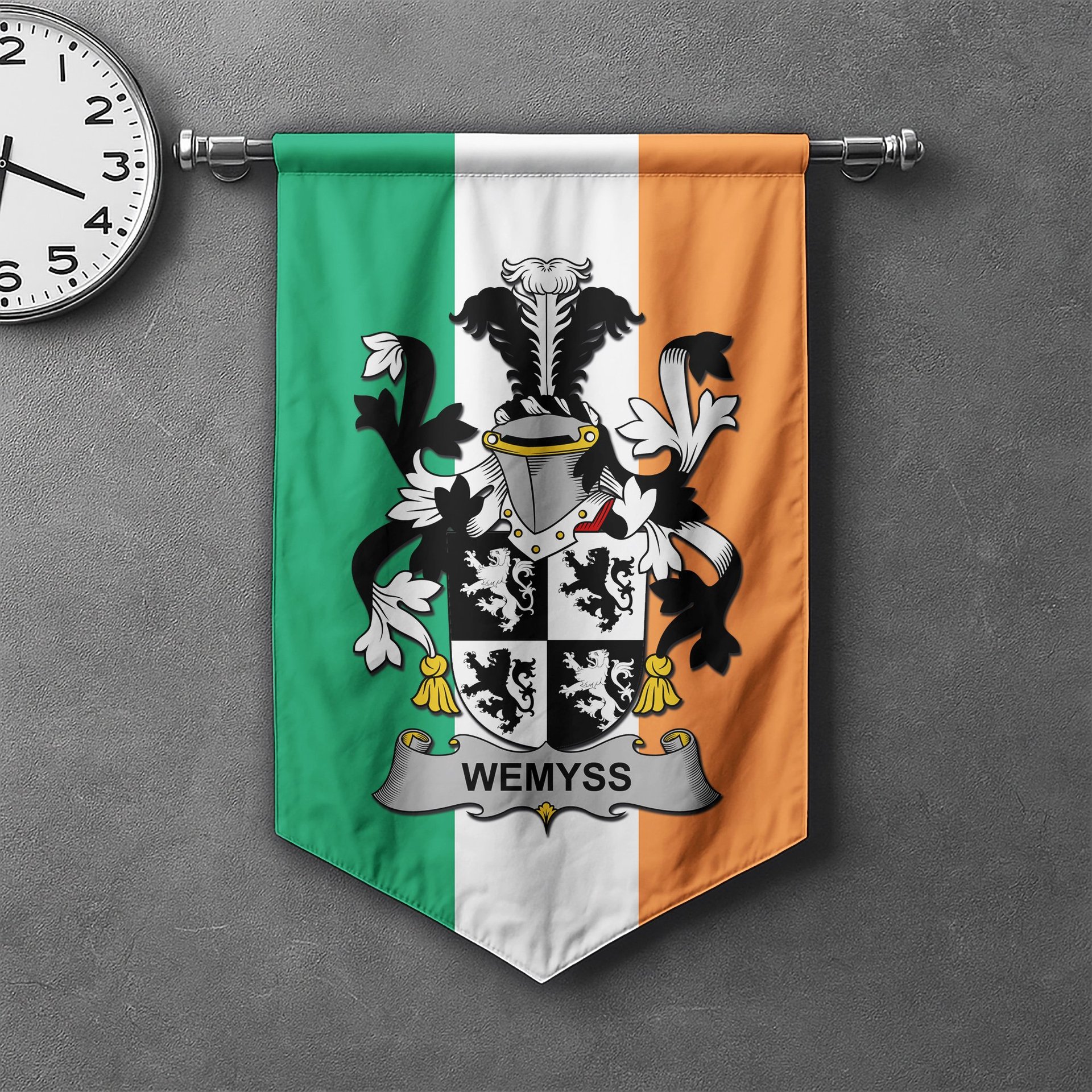 ScotsTee Shop Irish Wemyss Clan Coat of Arms Irish Tartan Gonfalon Flag