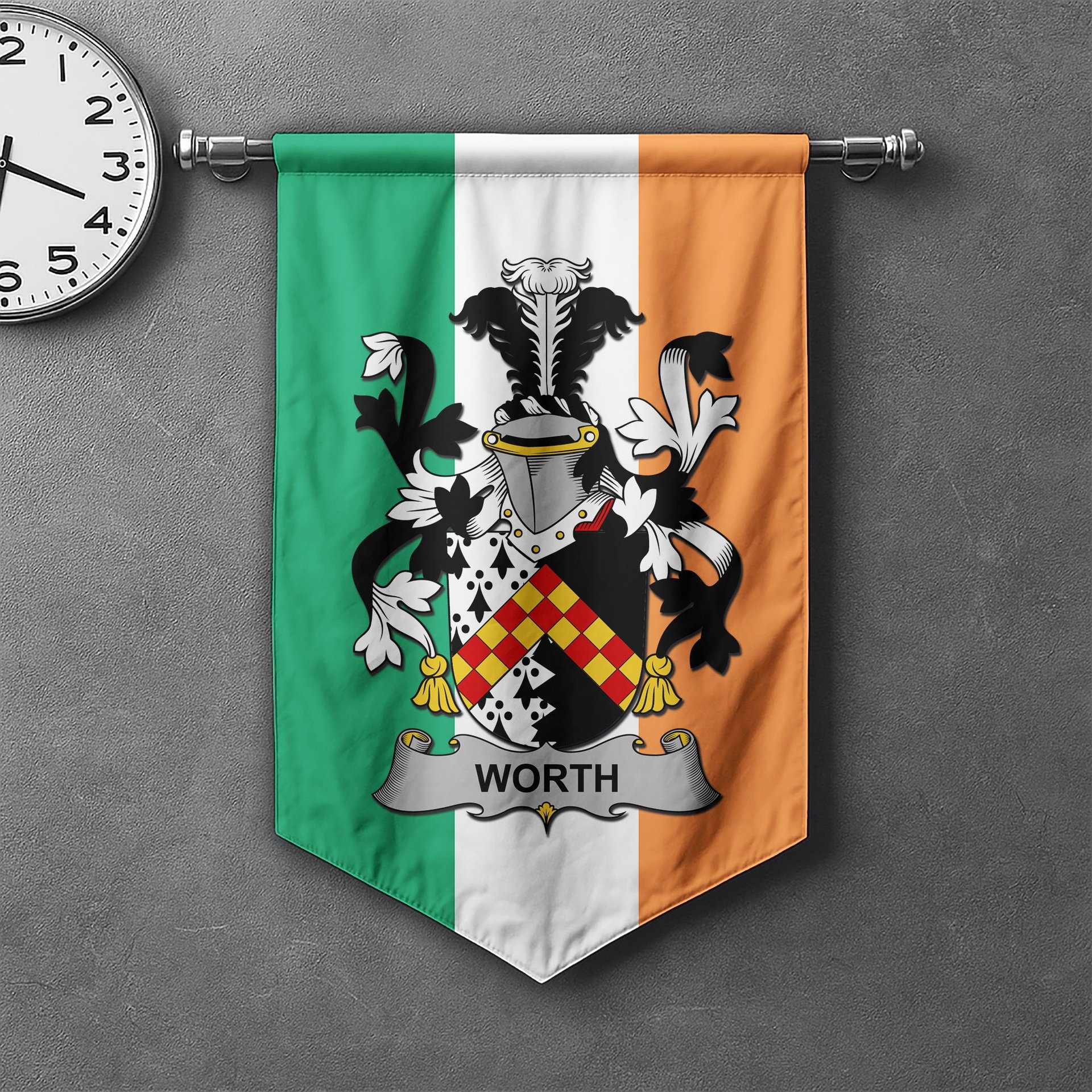 ScotsTee Shop Irish Worth or McWorth Clan Coat of Arms Irish Tartan Gonfalon Flag