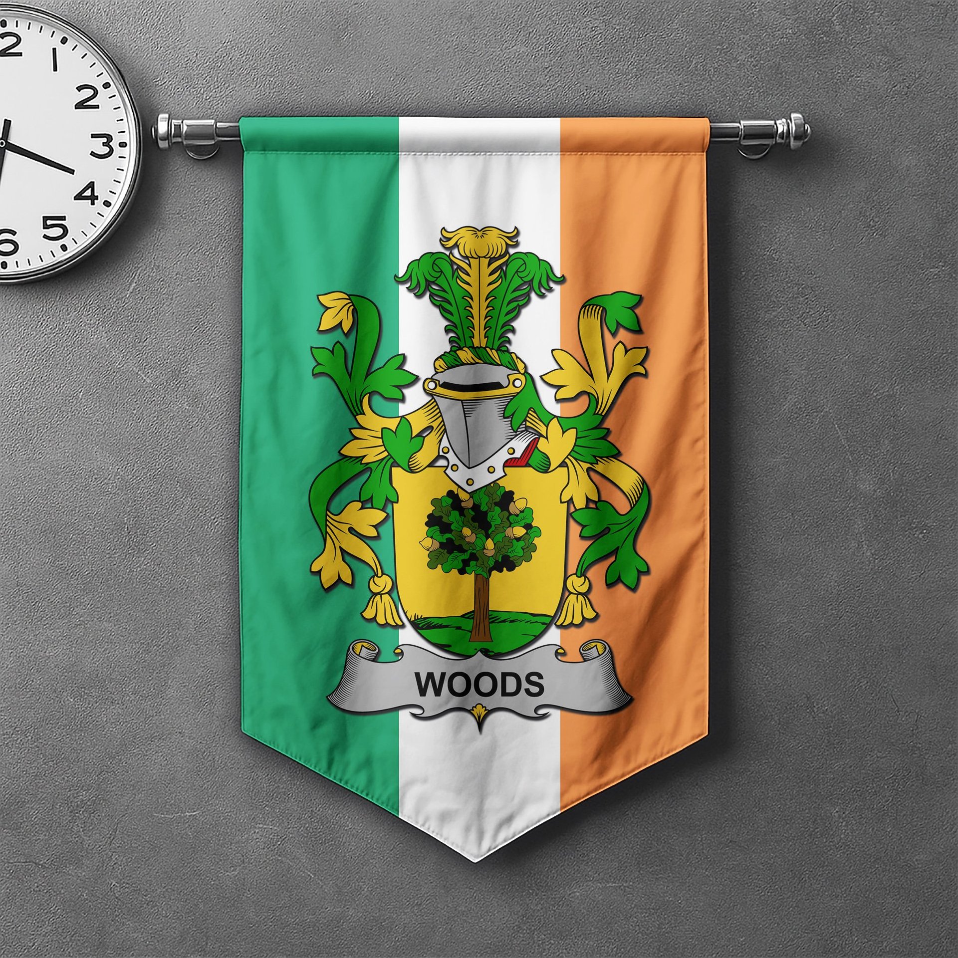 ScotsTee Shop Irish Woods Clan Coat of Arms Irish Tartan Gonfalon Flag
