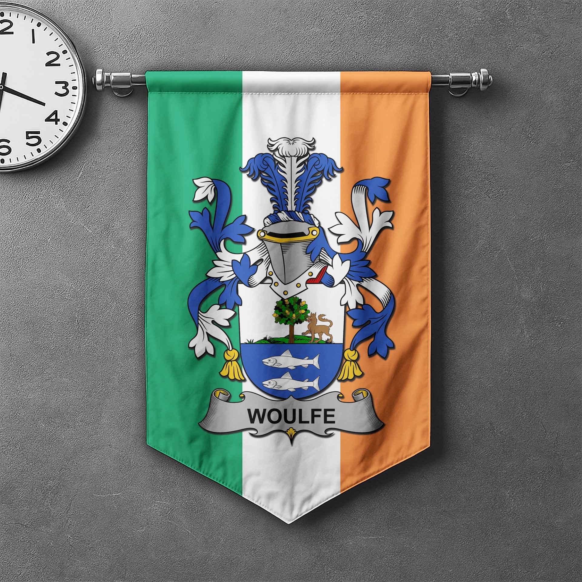 ScotsTee Shop Irish Woulfe Clan Coat of Arms Irish Tartan Gonfalon Flag
