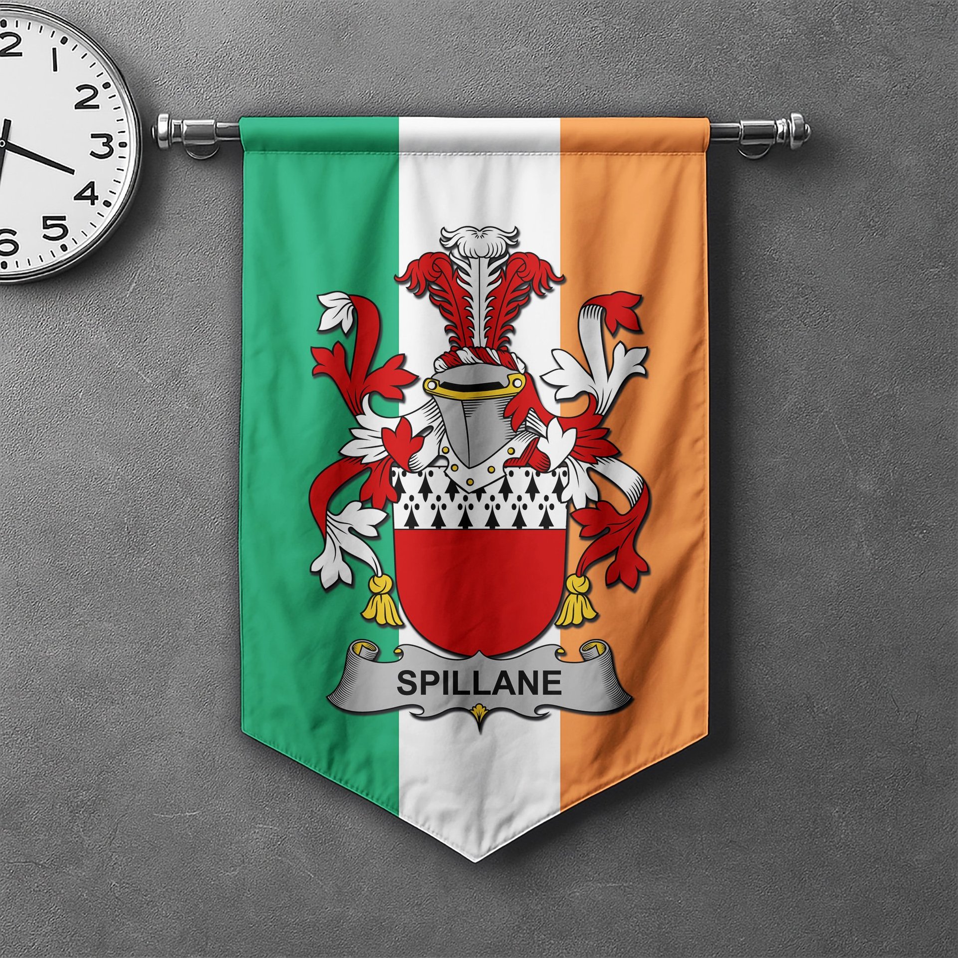 ScotsTee Shop Irish Spillane or O'Spillane Clan Coat of Arms Irish Tartan Gonfalon Flag