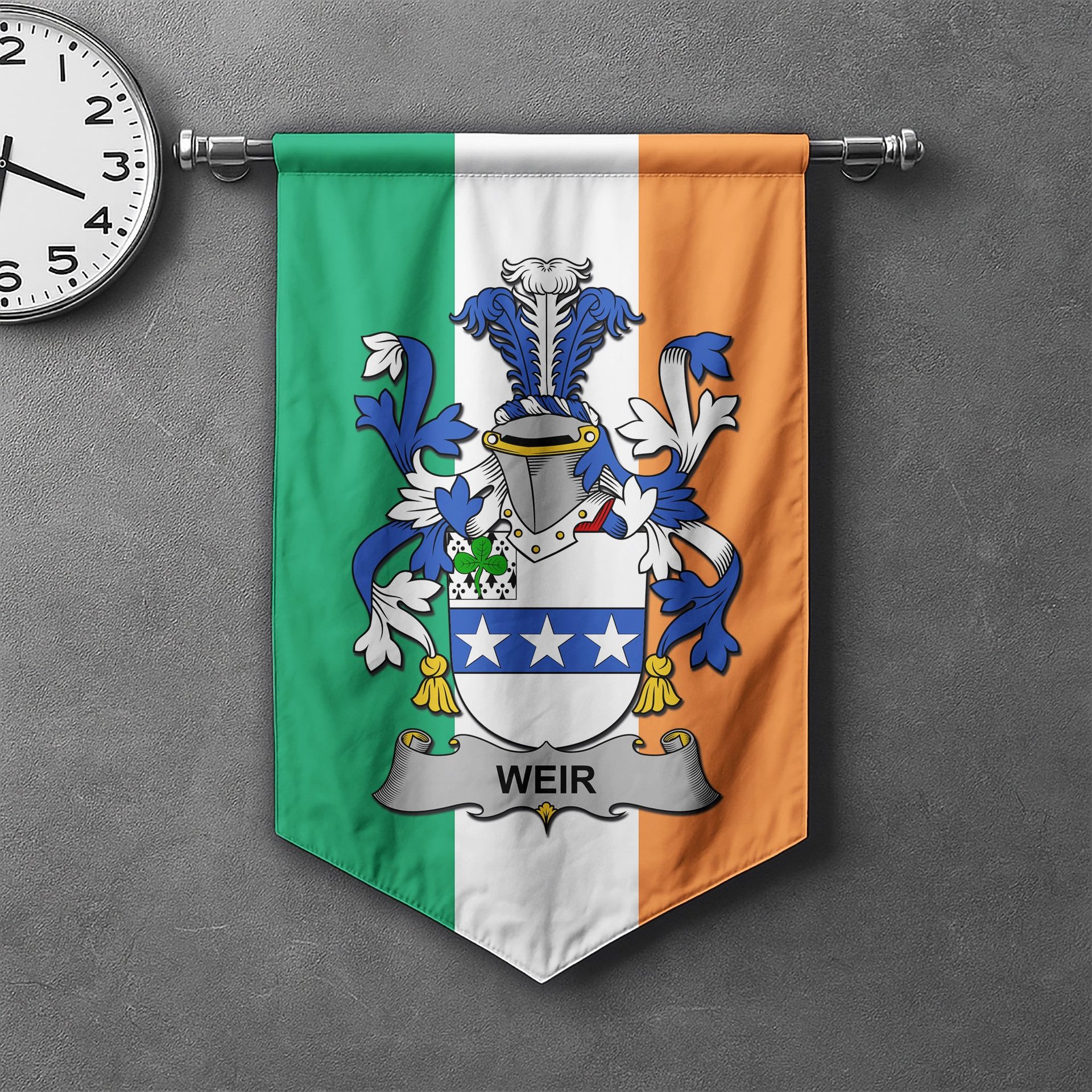 ScotsTee Shop Irish Weir or McWeir Clan Coat of Arms Irish Tartan Gonfalon Flag