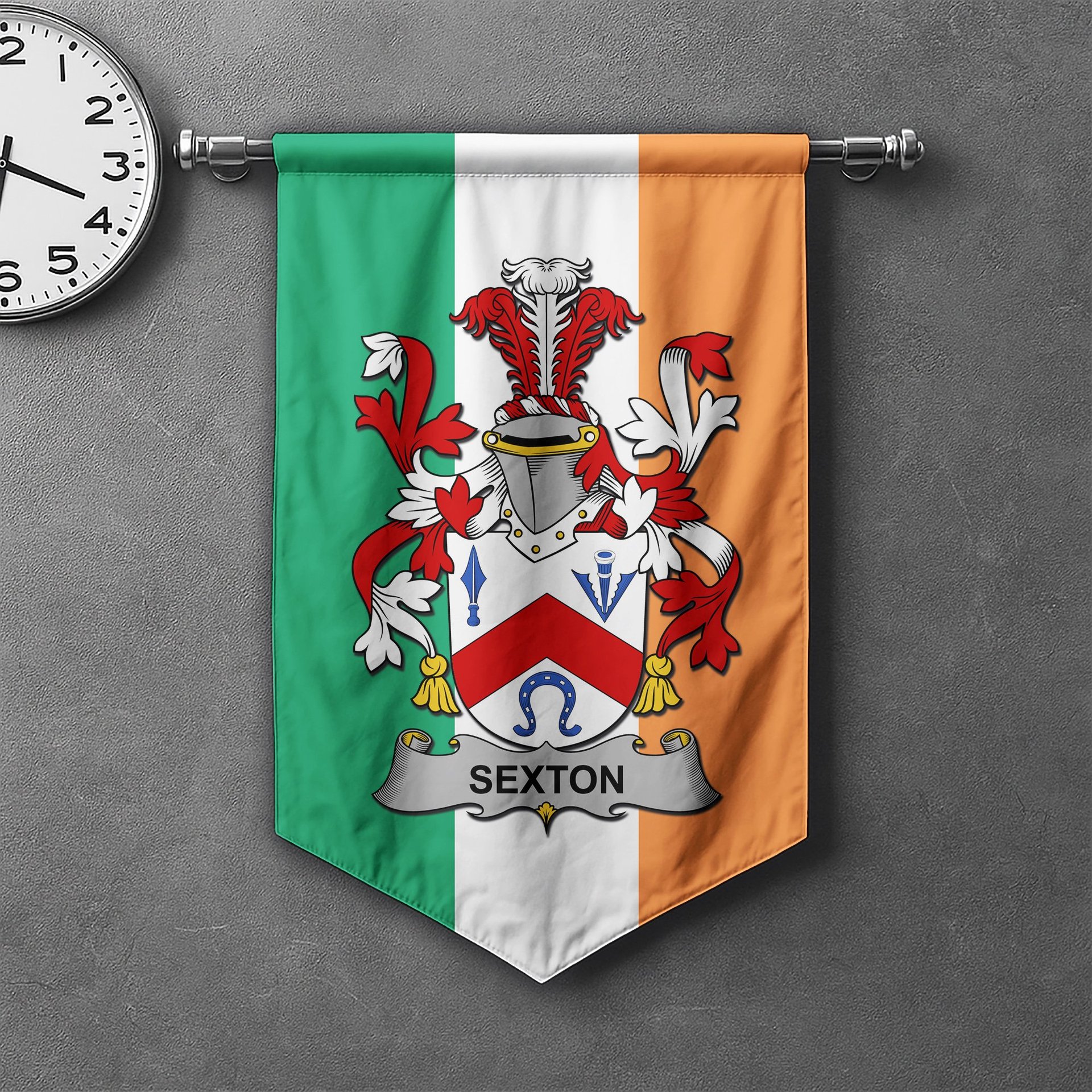 ScotsTee Shop Irish Sexton Clan Coat of Arms Irish Tartan Gonfalon Flag